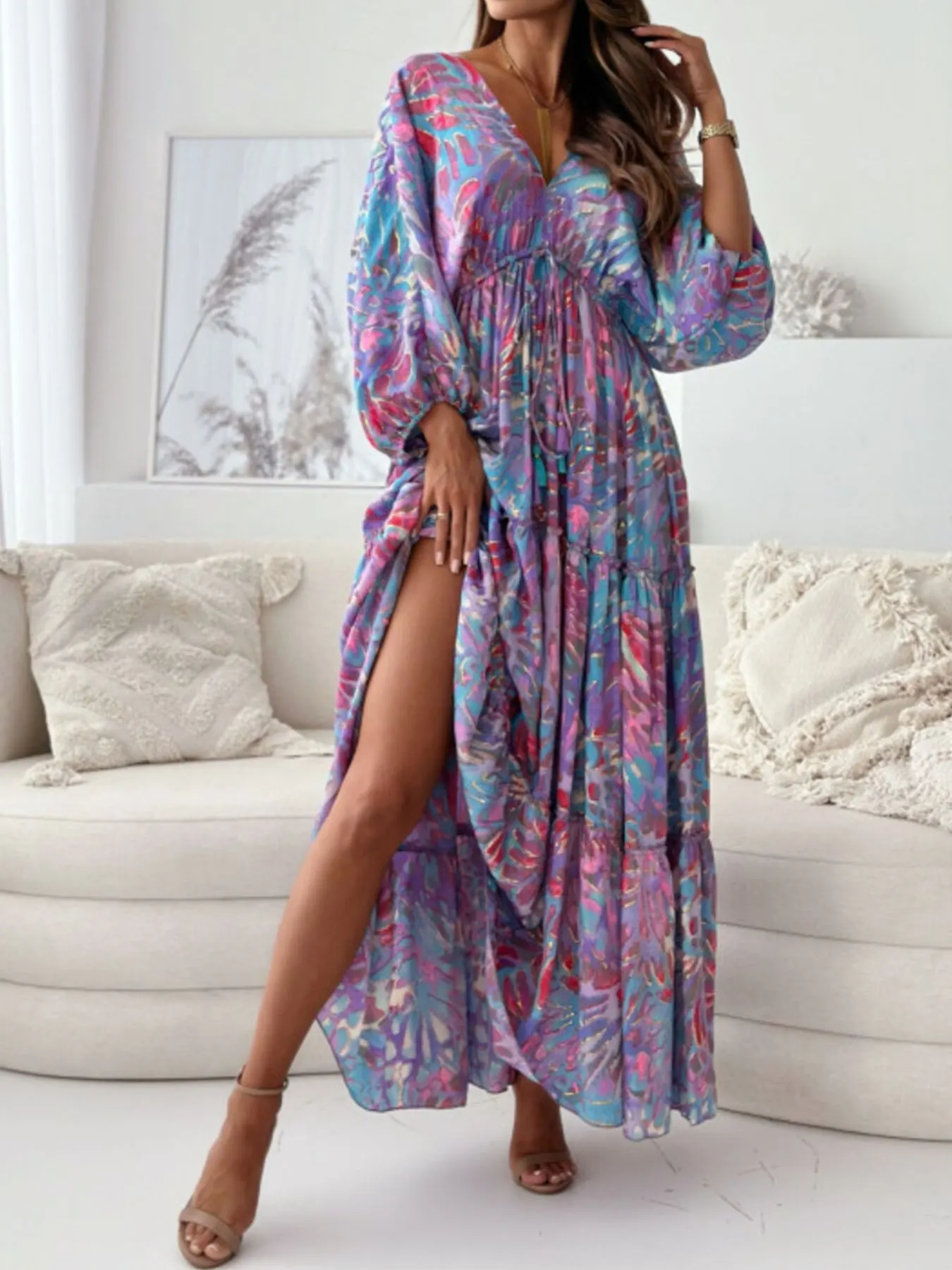 Printed V-Neck Balloon Sleeve Slit Maxi Dress 8