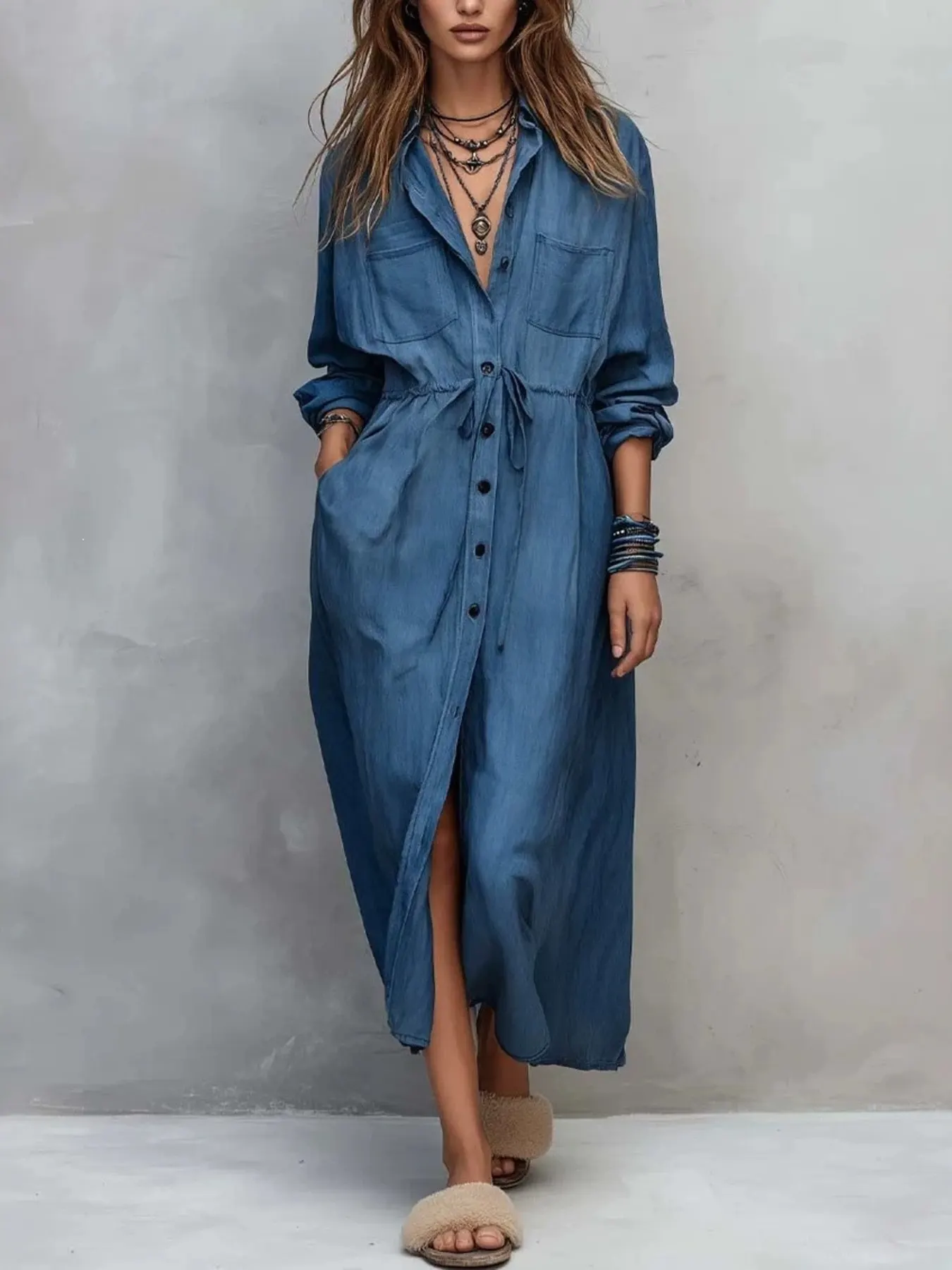 Full Size Button Front Long Sleeve Shirt Dress Plus Size