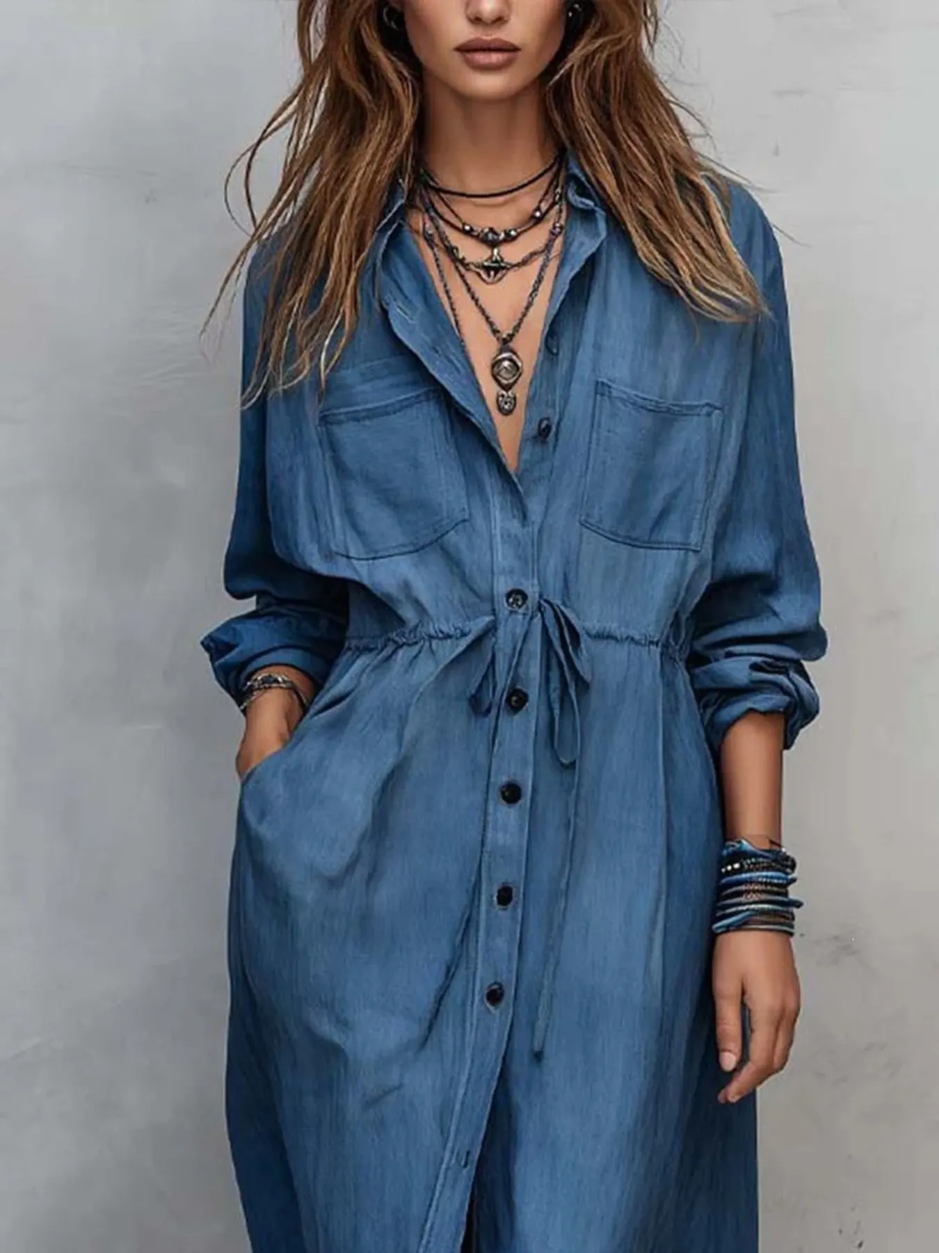 Full Size Button Front Long Sleeve Shirt Dress Plus Size 2