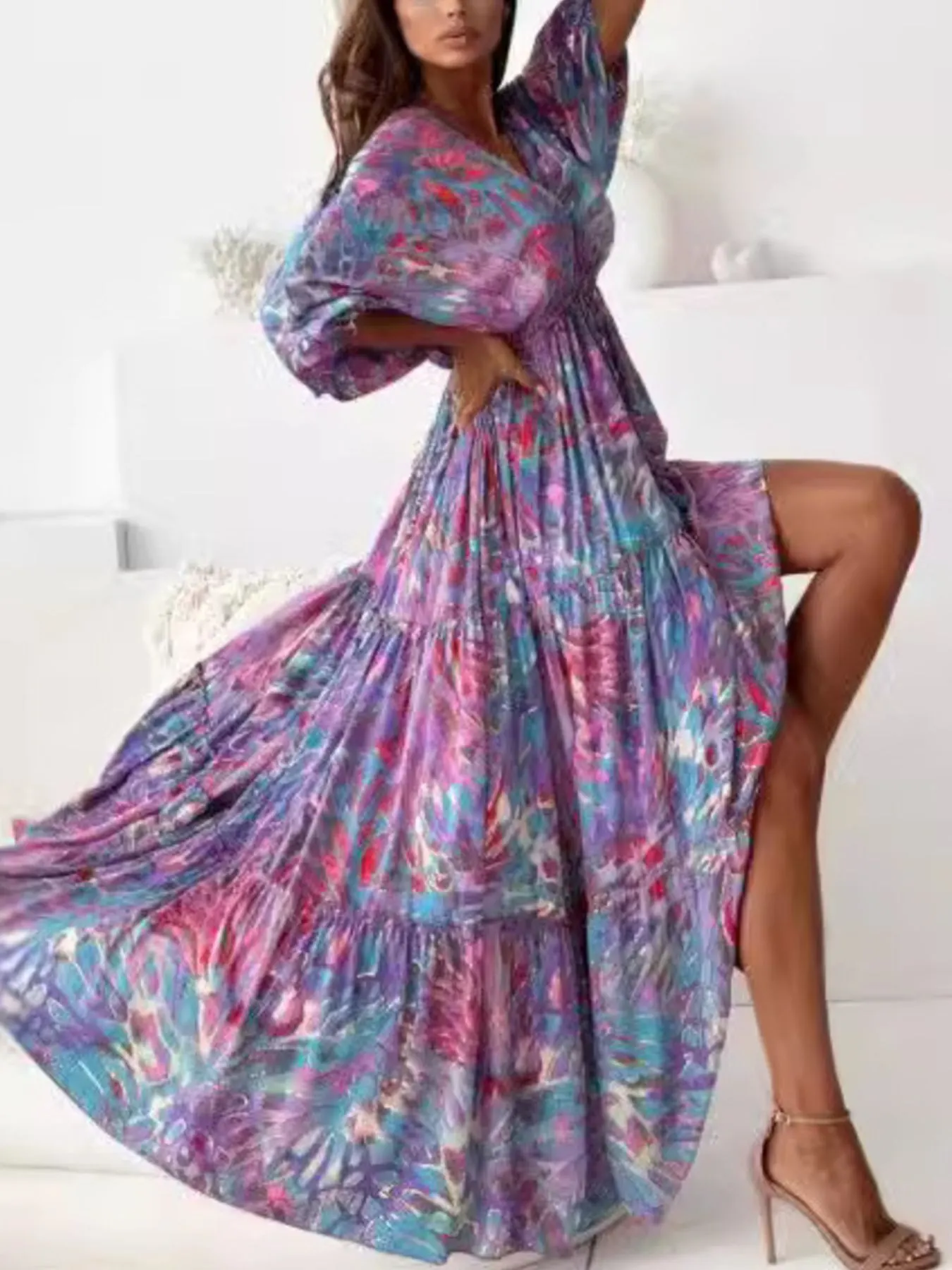 Printed V-Neck Balloon Sleeve Slit Maxi Dress 7