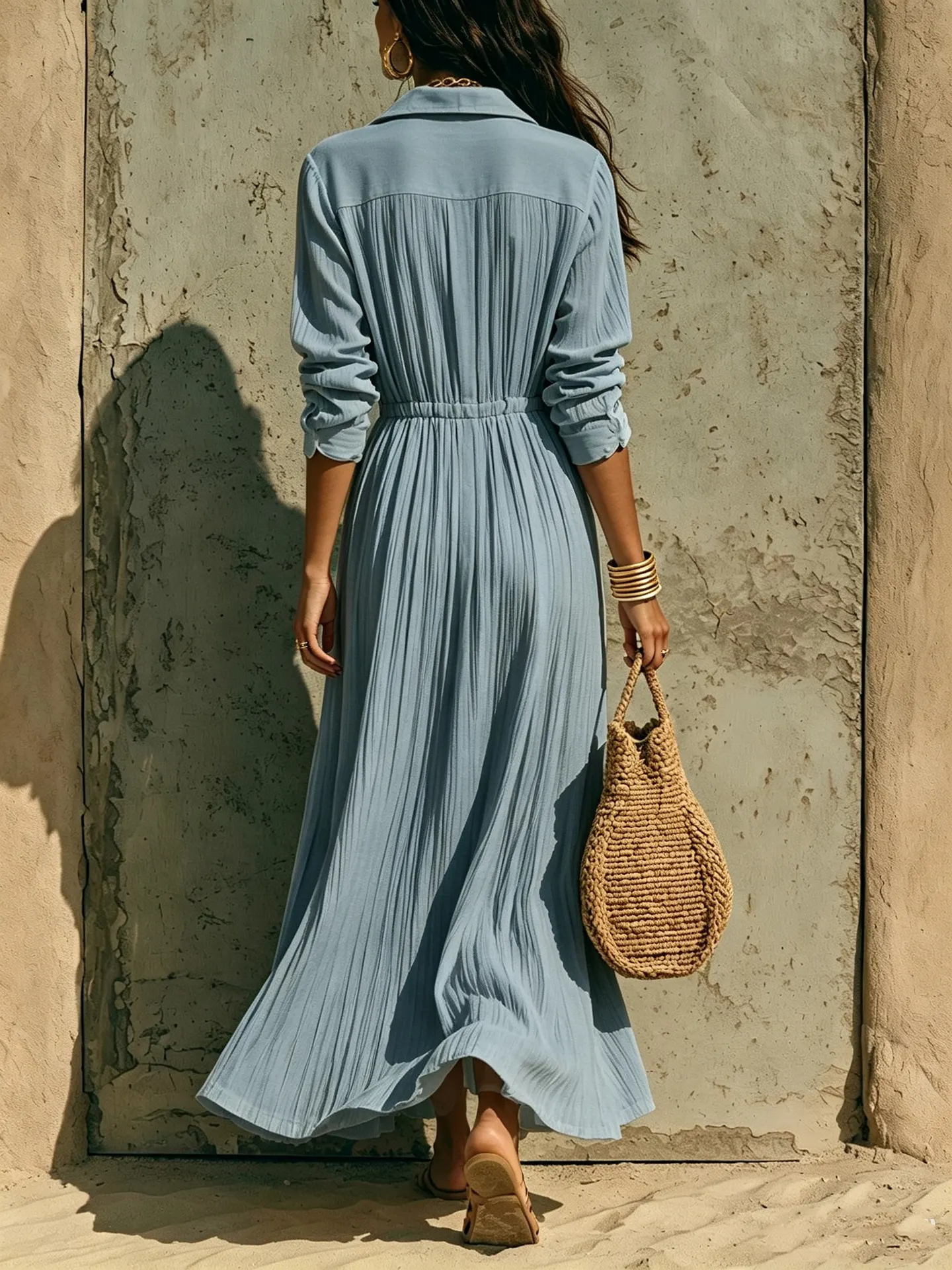 Full Size Textured Button Front Long Sleeve Maxi Dress Plus Size 22