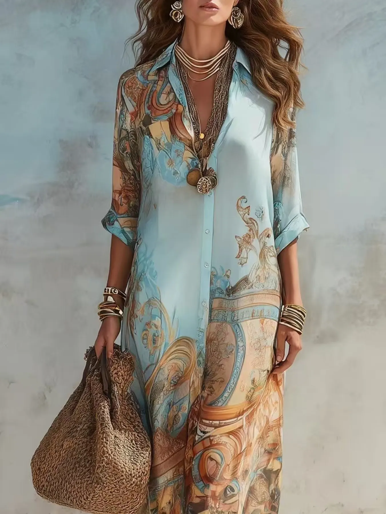 Full Size Printed Button Down Roll-Up Sleeve Shirt Maxi Dress Plus Size 4
