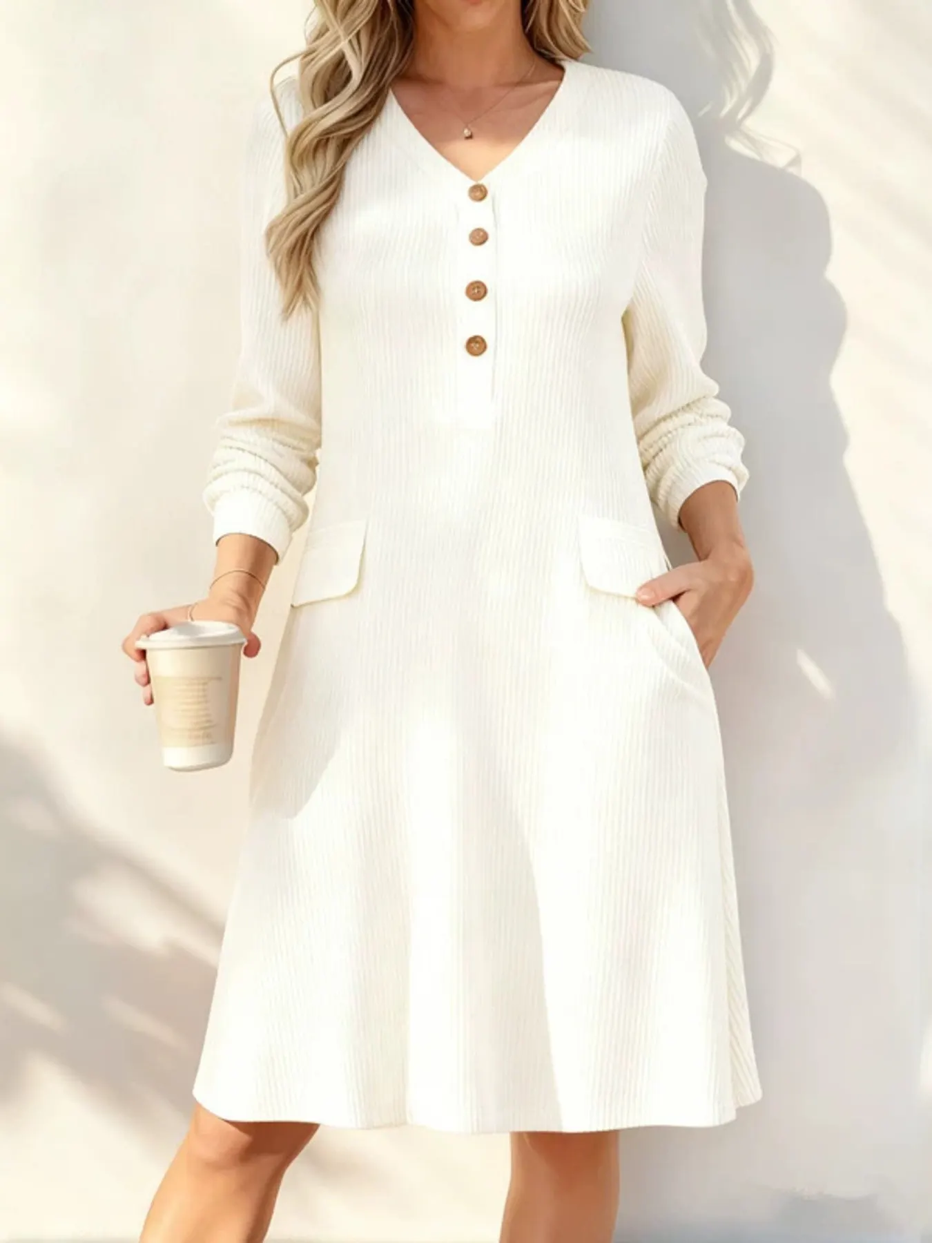 Full Size Ribbed Knit V-Neck Dress Plus Size 6