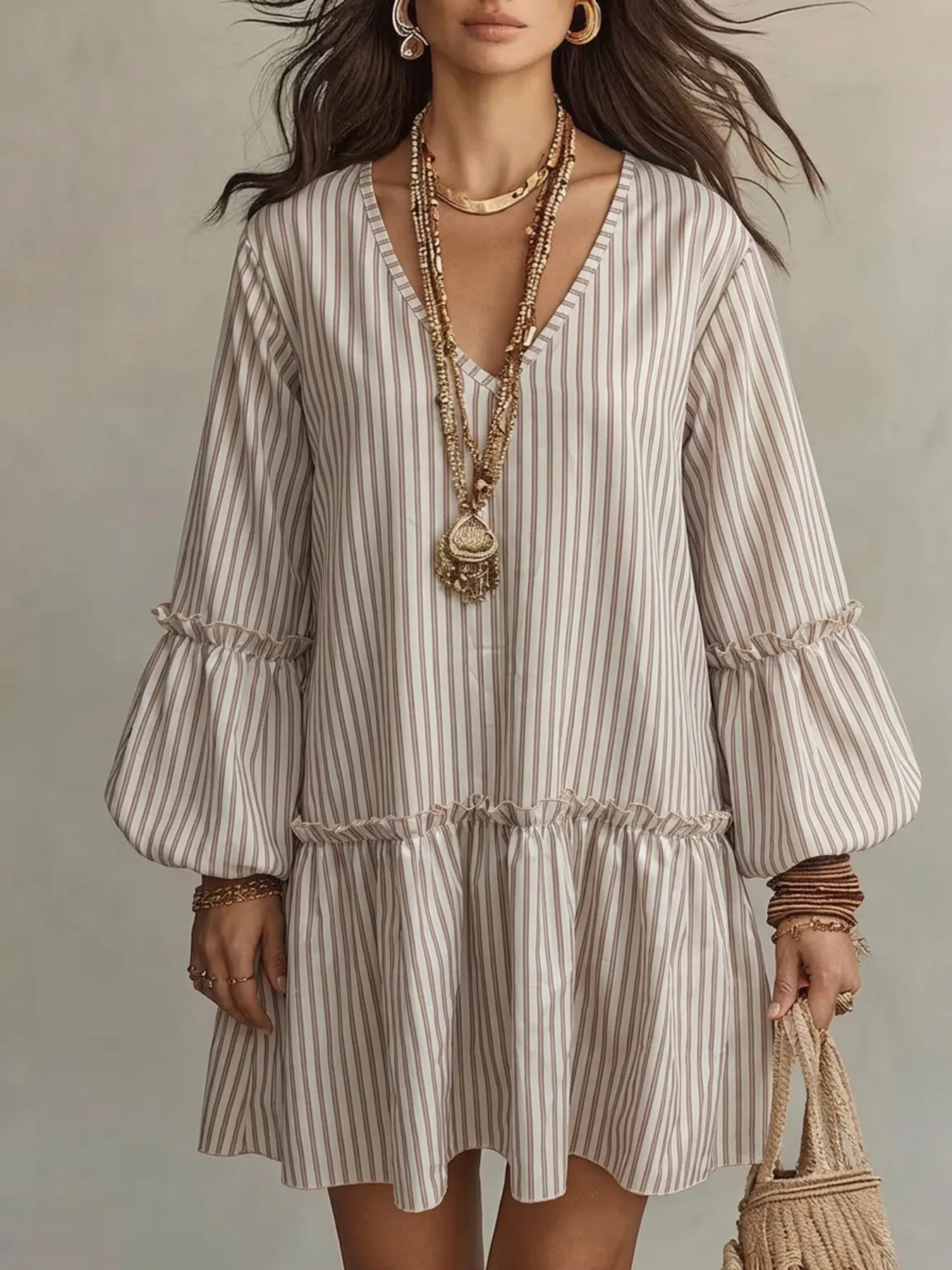 Full Size Striped Balloon Sleeve Mini Dress Plus Size 8