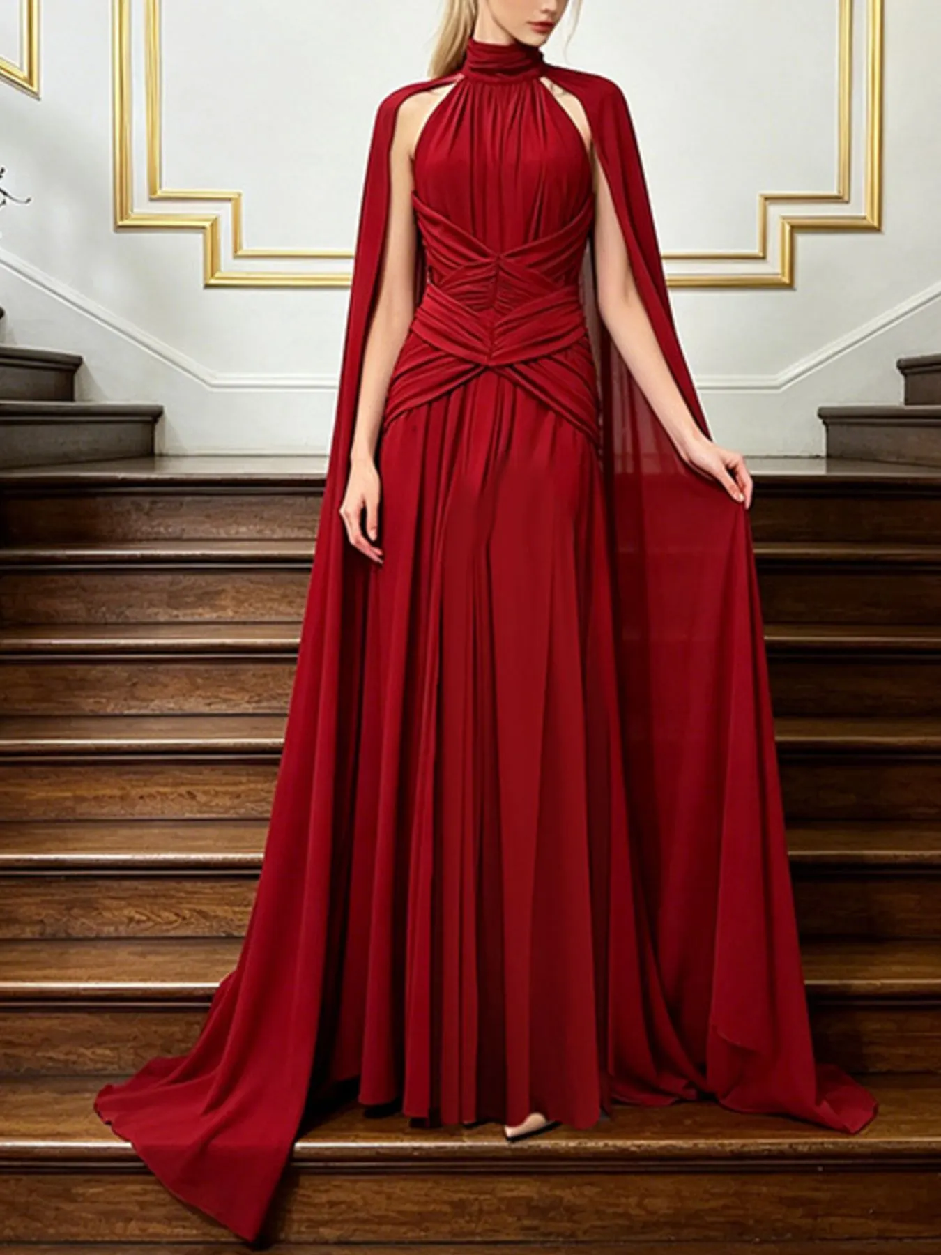 Ruched Halter Neck Cape Maxi Dress