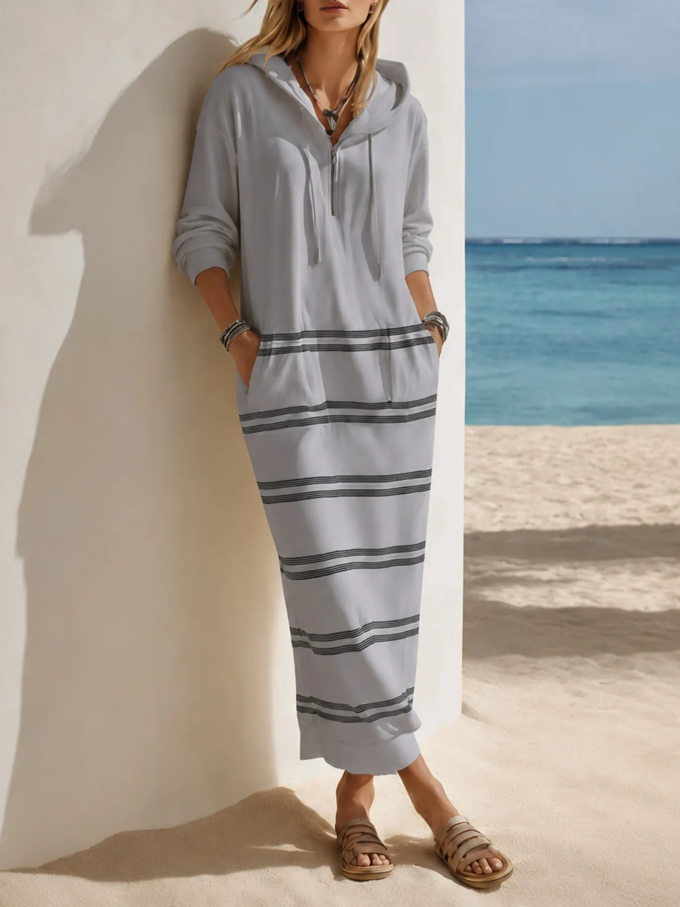 Casual Striped Drawstring Hooded Dress 3