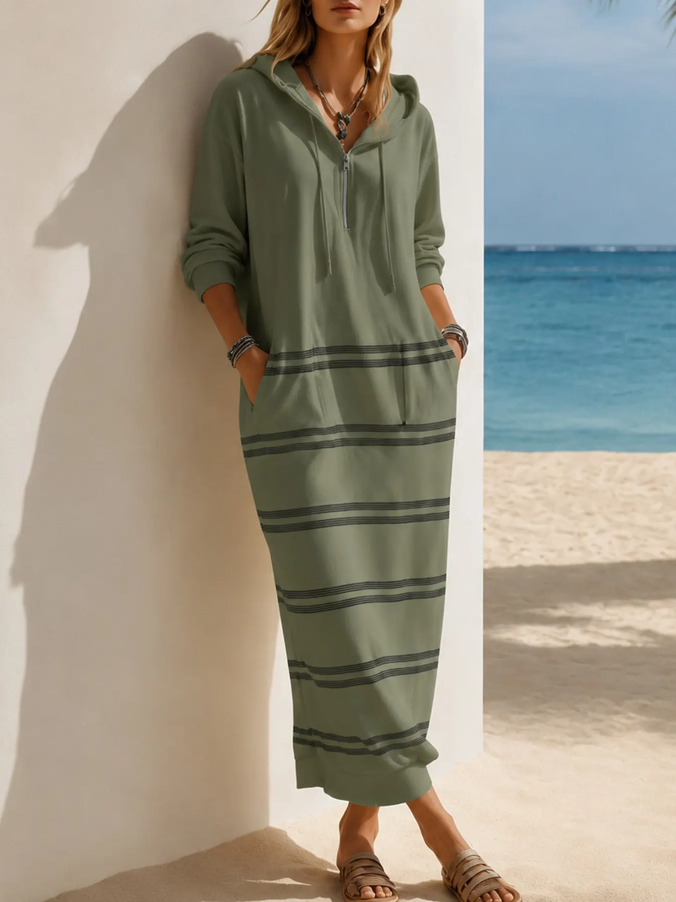Casual Striped Drawstring Hooded Dress 6