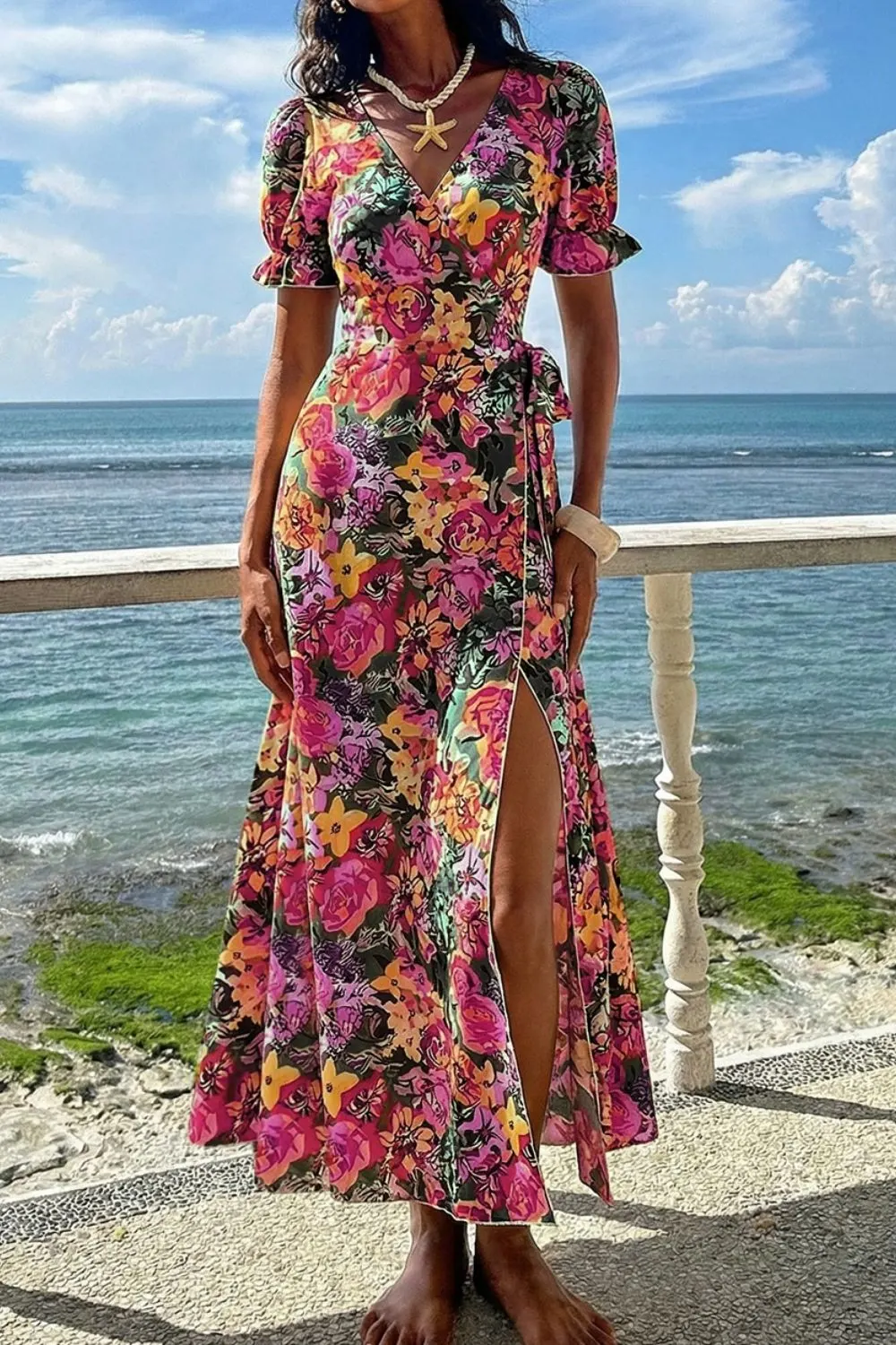Slit Floral Short Sleeve Maxi Dress 4