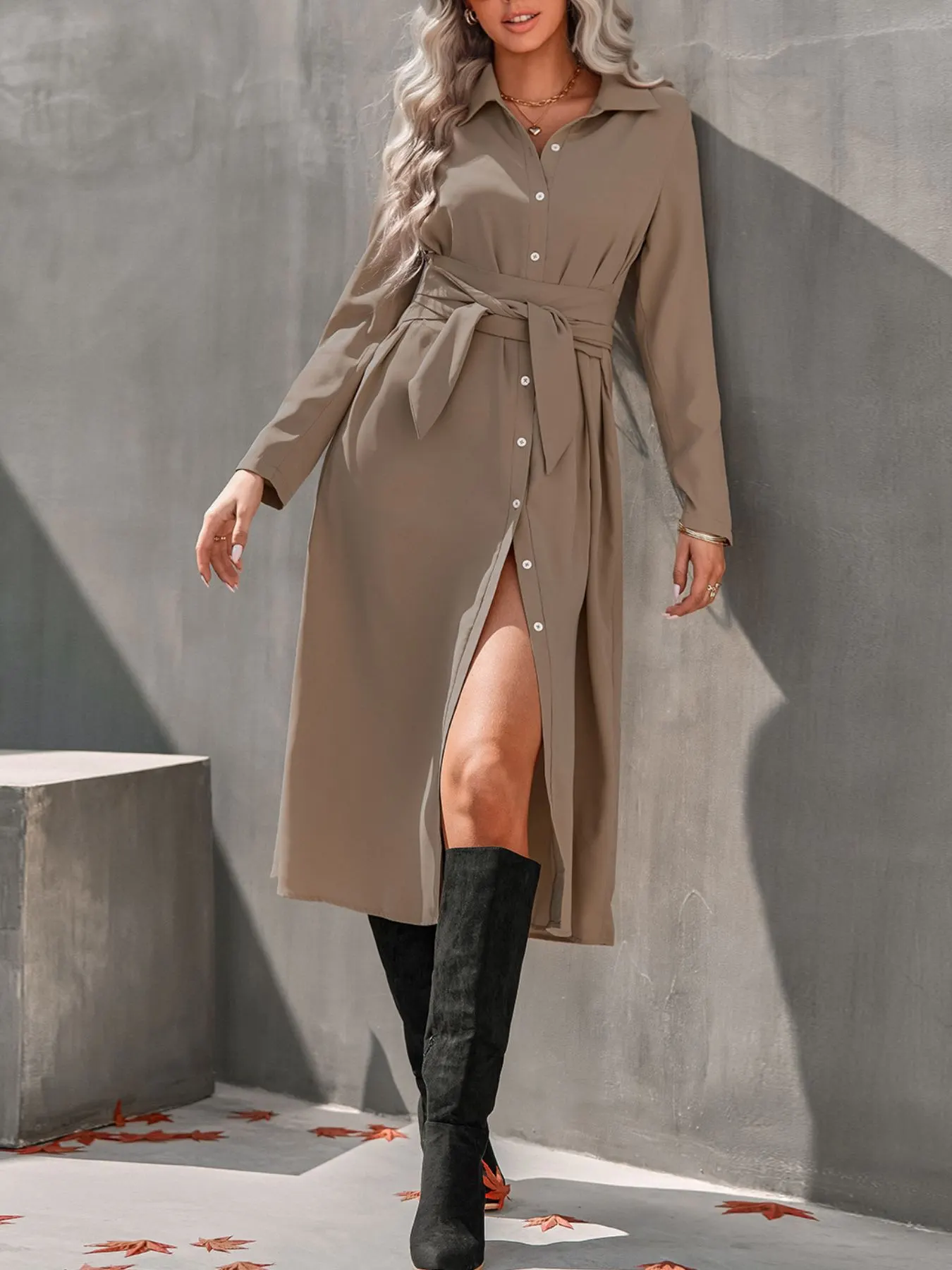 Full Size Tie Waist Long Sleeve Shirt Dress Plus Size 4