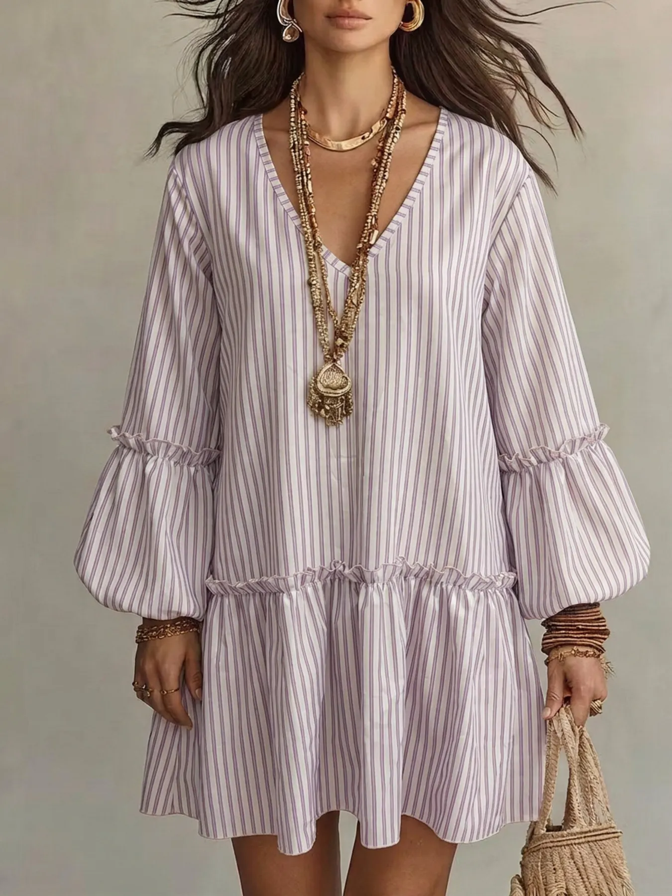 Full Size Striped Balloon Sleeve Mini Dress Plus Size 7