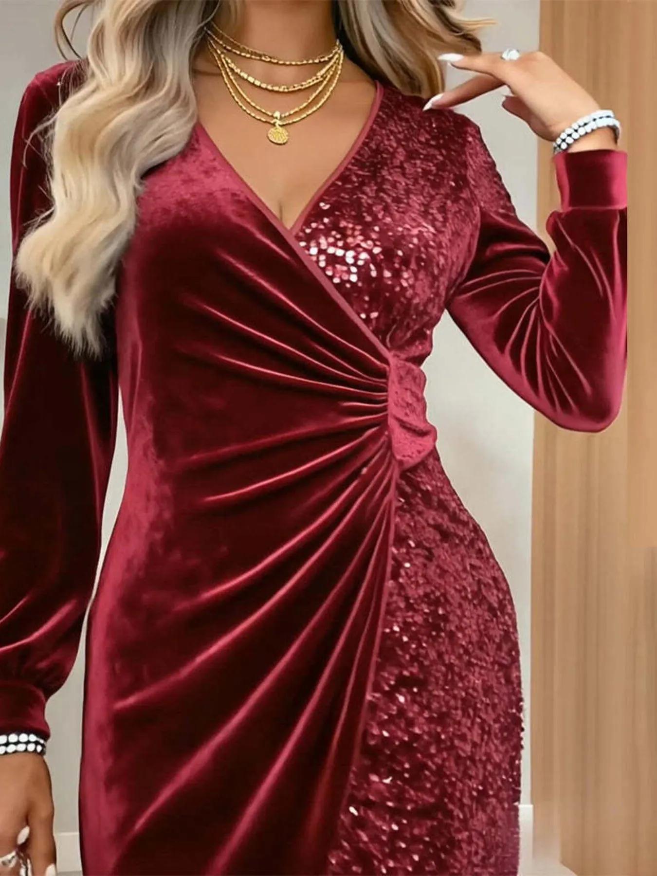 Velvet Sequin Long Sleeve Wrap Dress 11