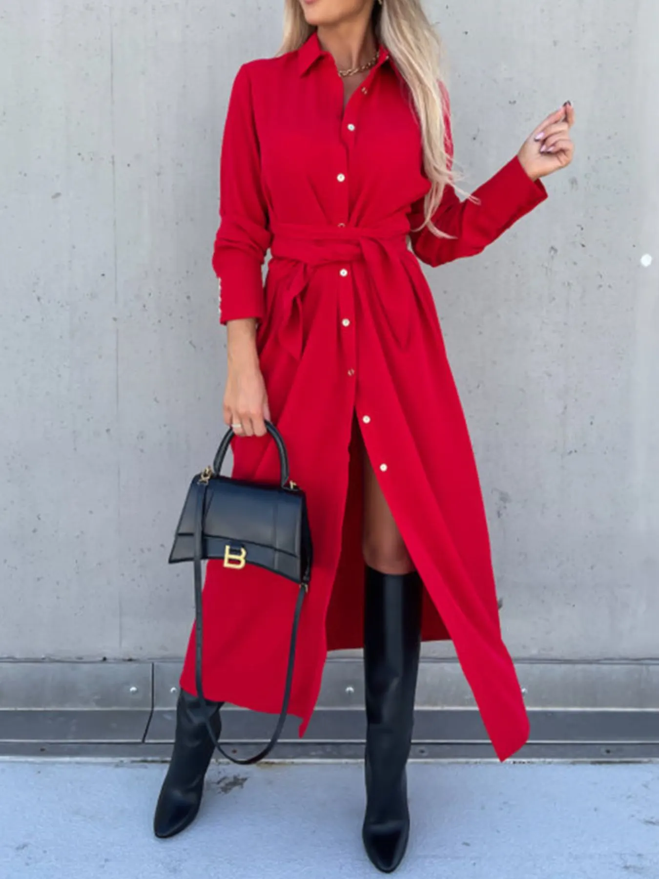 Full Size Tie Waist Long Sleeve Shirt Dress Plus Size 9