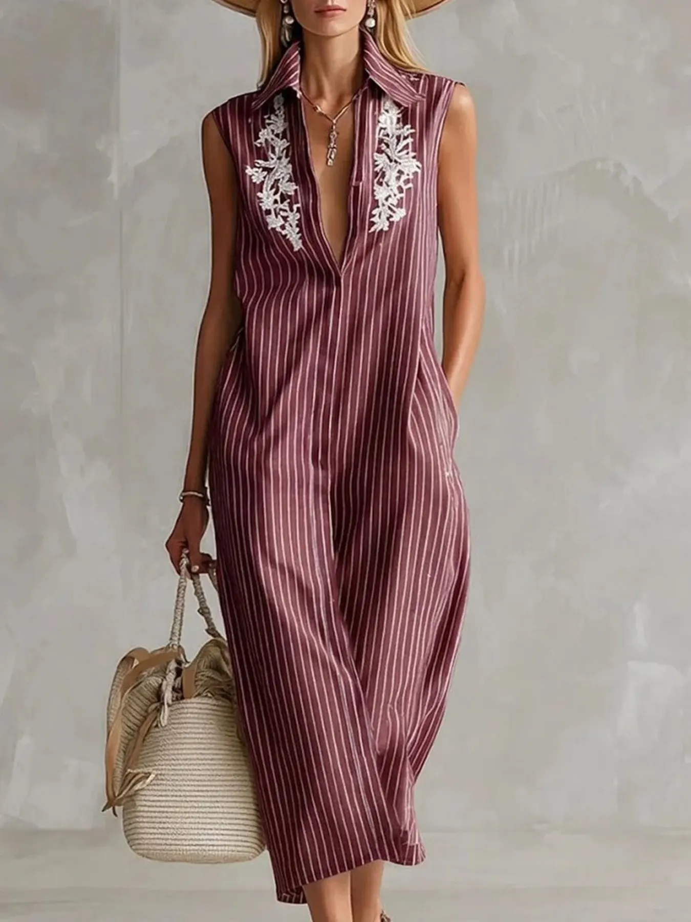Full Size Striped Sleeveless Collared Neck Shirt Dress Plus Size