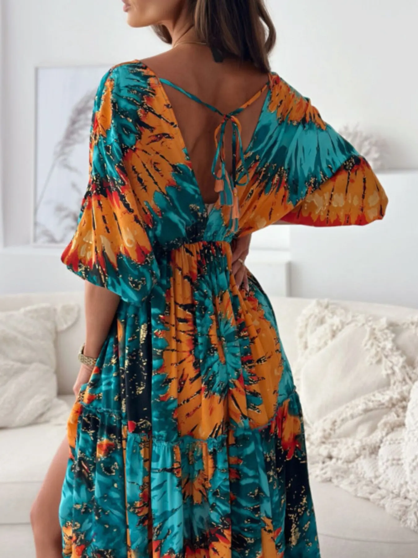 Printed V-Neck Balloon Sleeve Slit Maxi Dress 13