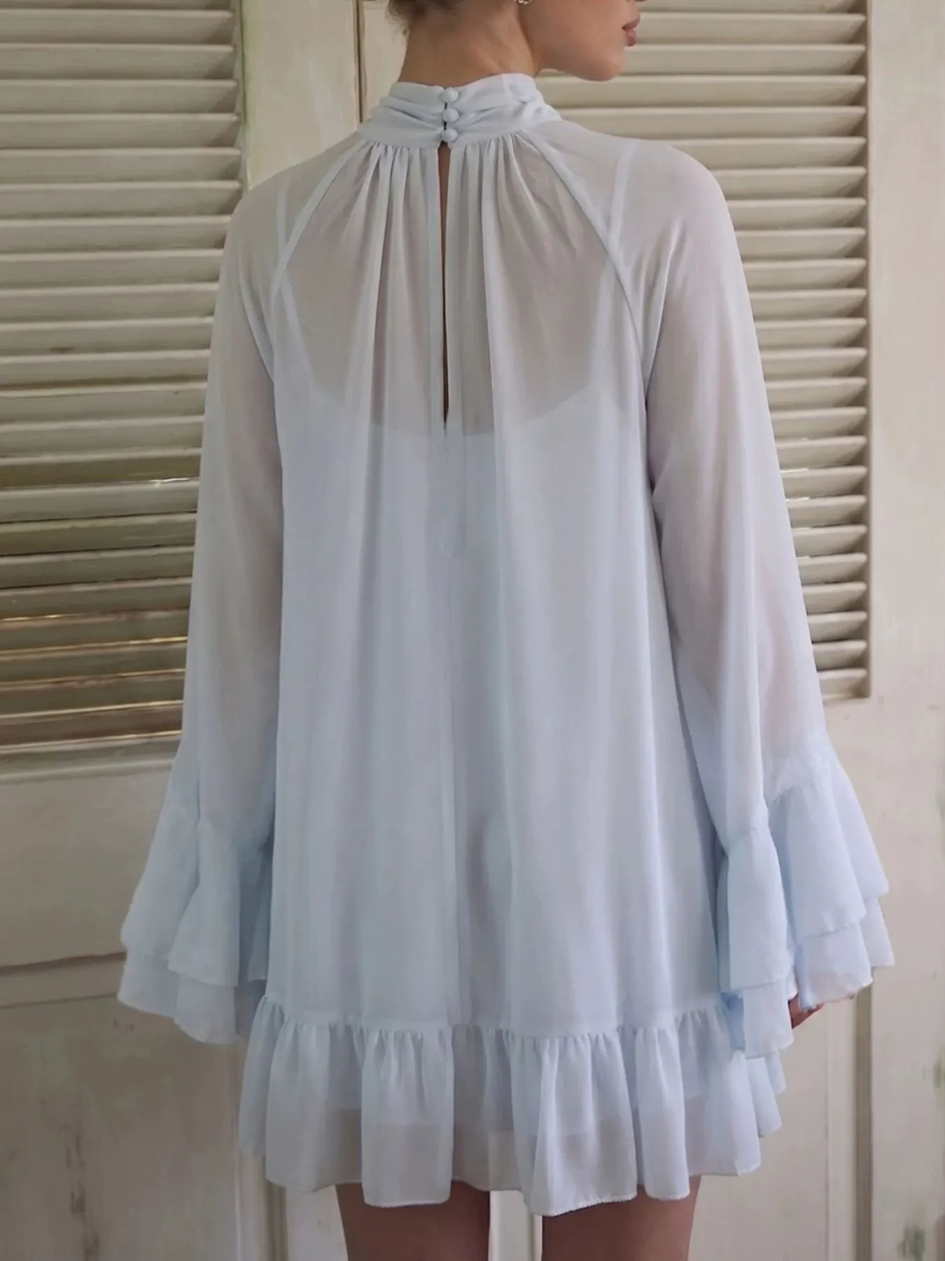 Sheer Mock Neck Flare Sleeve Dress 4