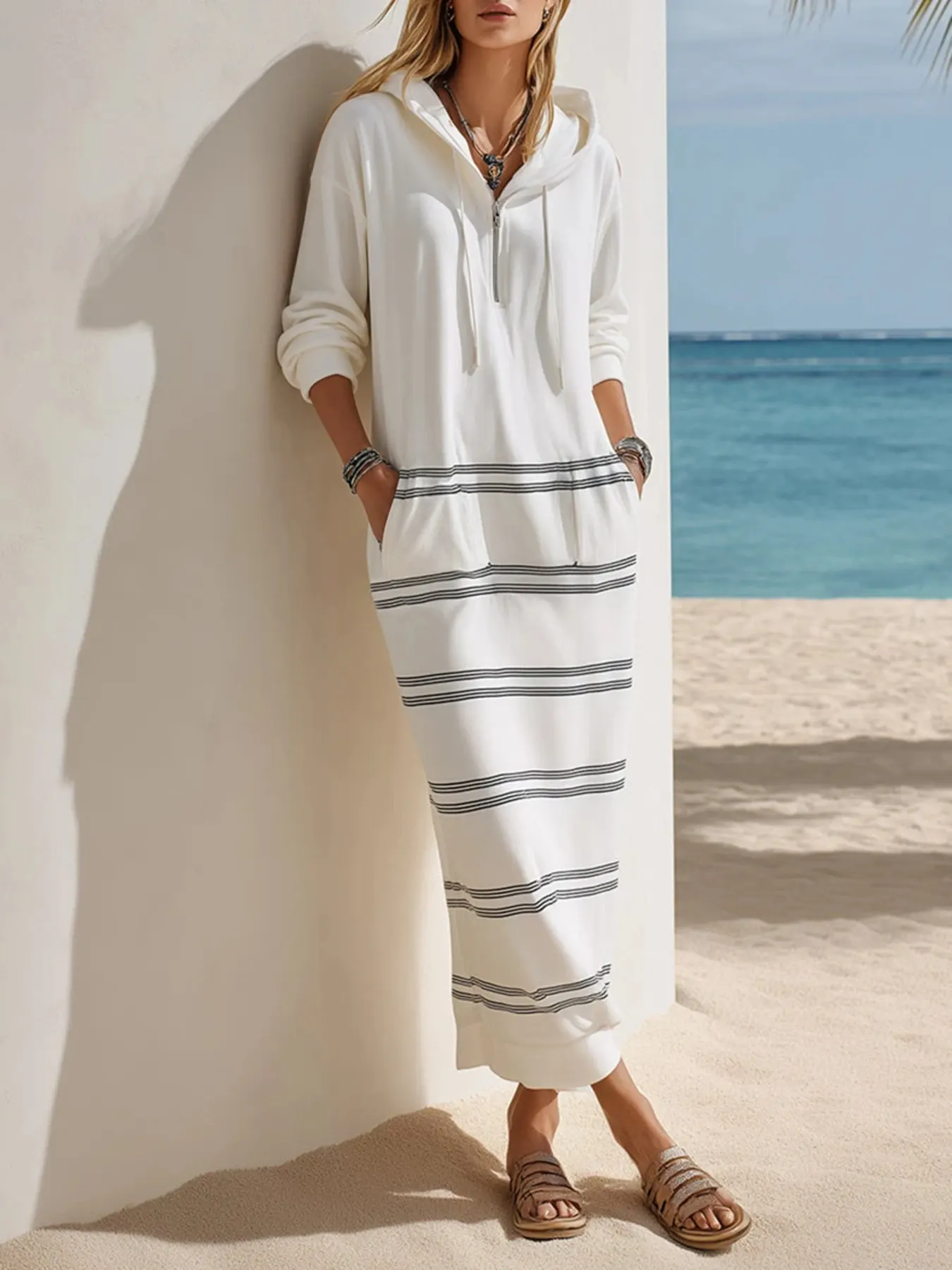 Casual Striped Drawstring Hooded Dress