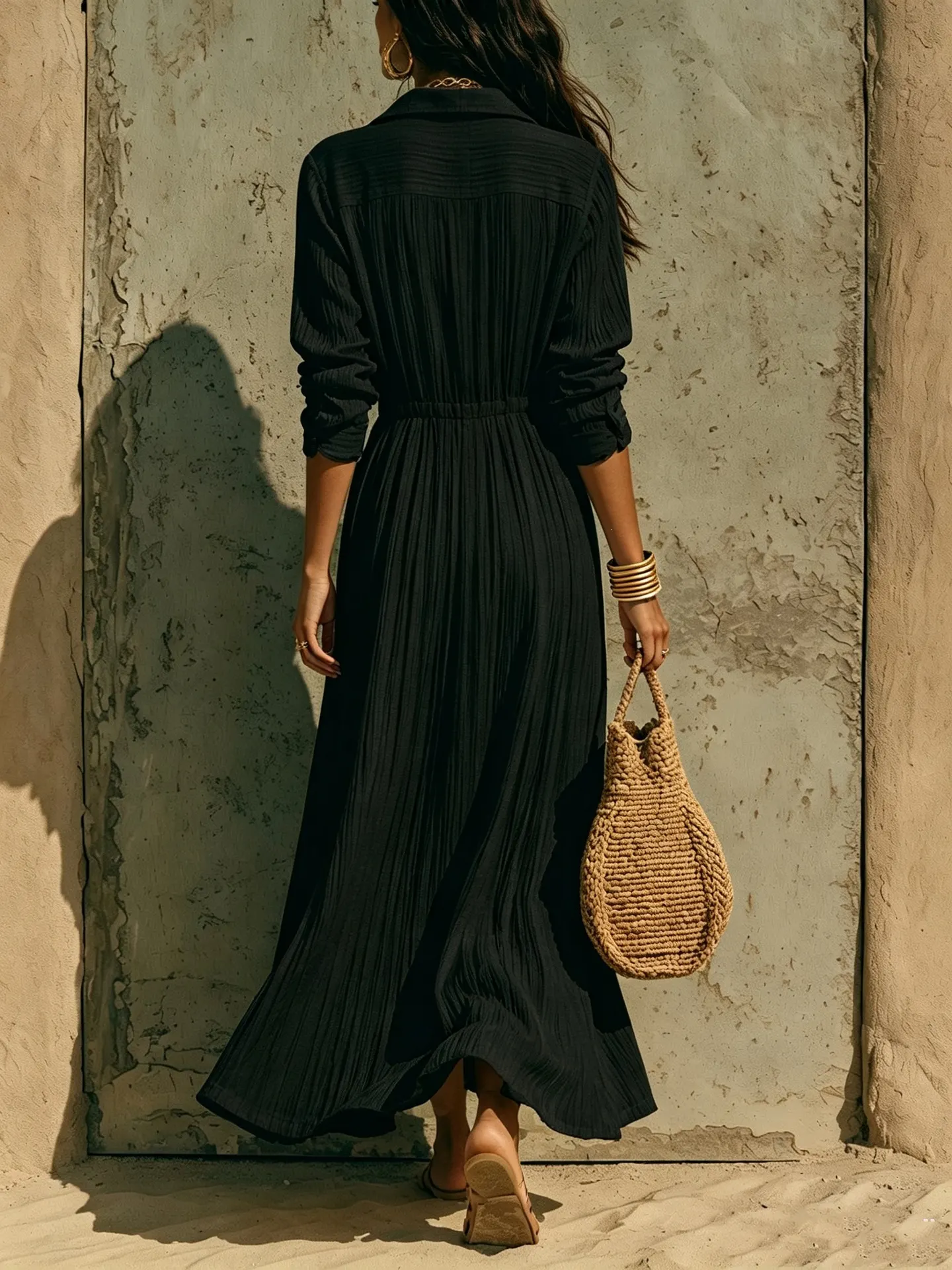 Full Size Textured Button Front Long Sleeve Maxi Dress Plus Size 15
