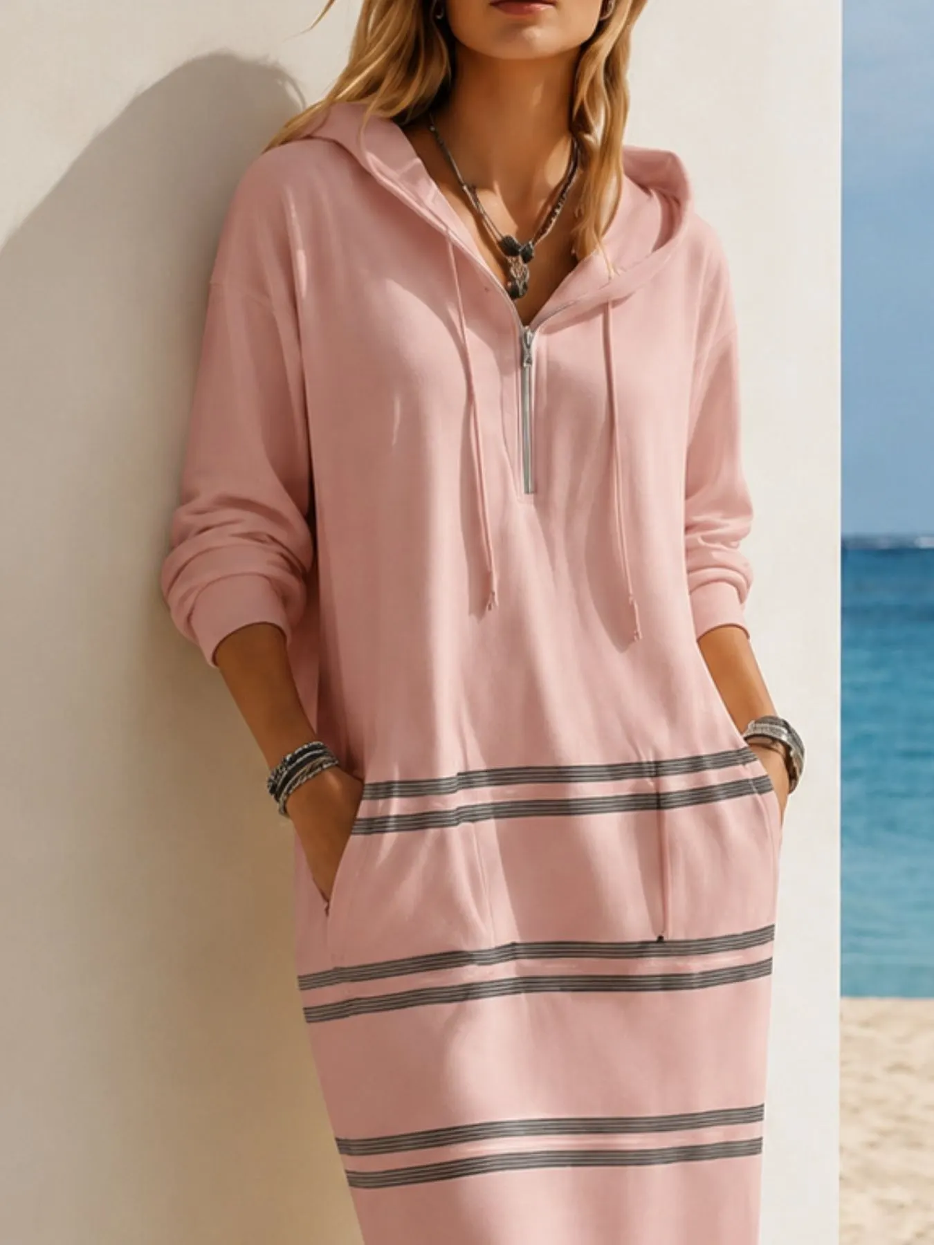 Casual Striped Drawstring Hooded Dress 5