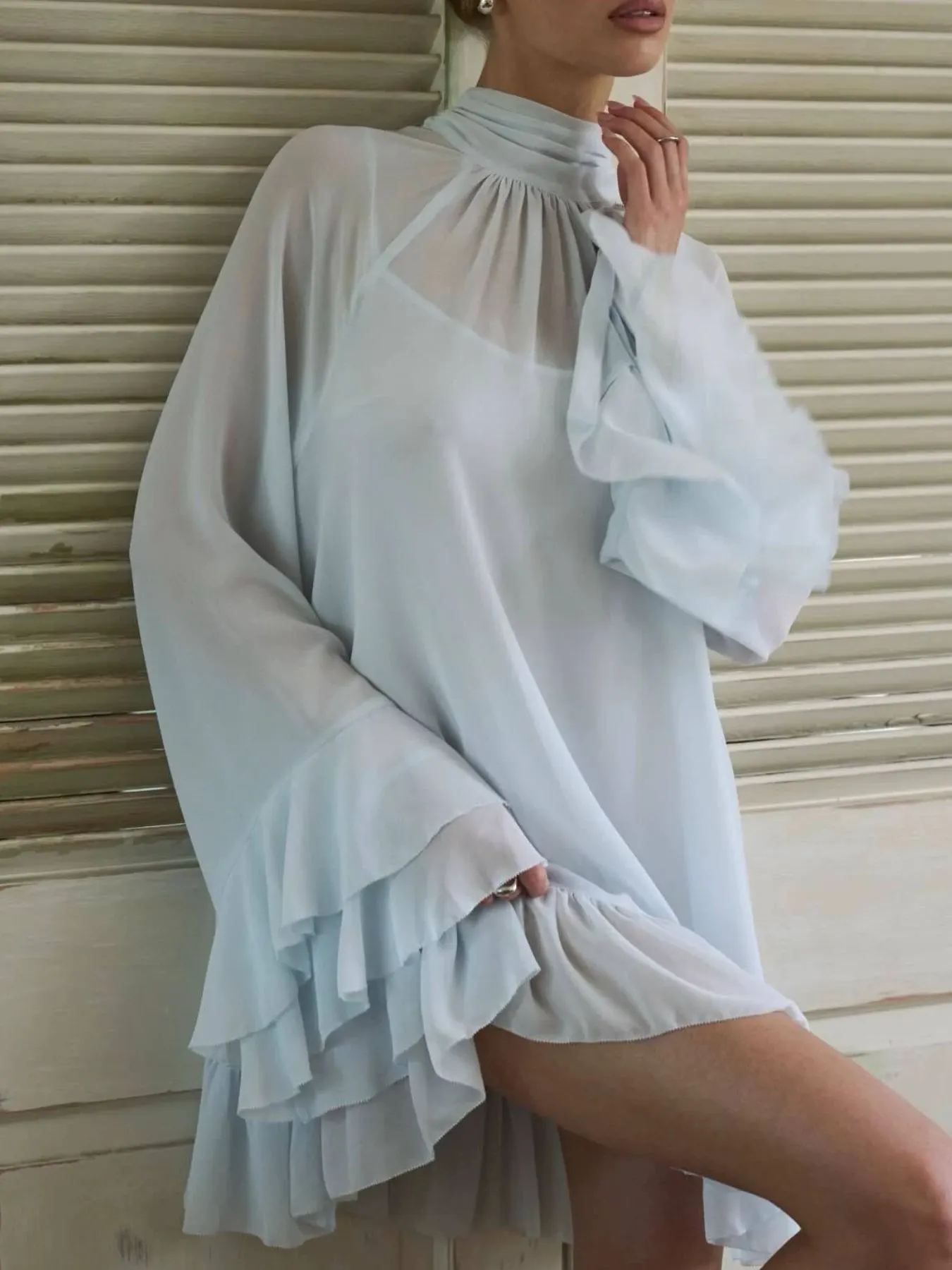 Sheer Mock Neck Flare Sleeve Dress 2