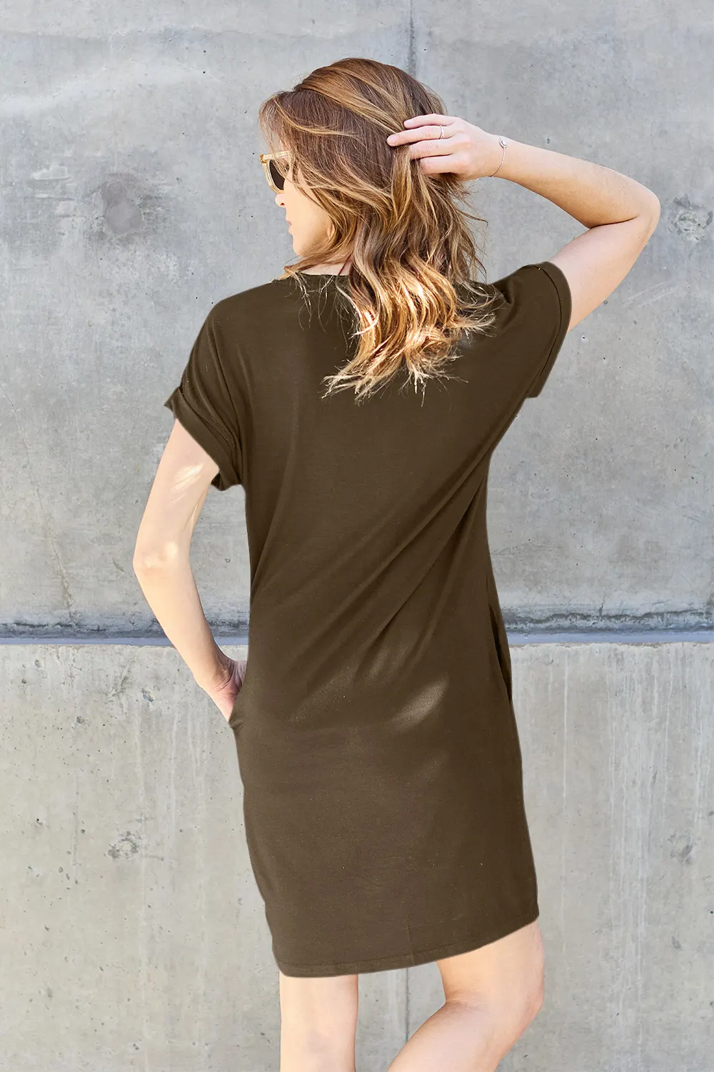 Basic Bae Full Size Solid Round Neck Short Sleeve Casual Loose Mini T-Shirt Dress with Side Pockets 24