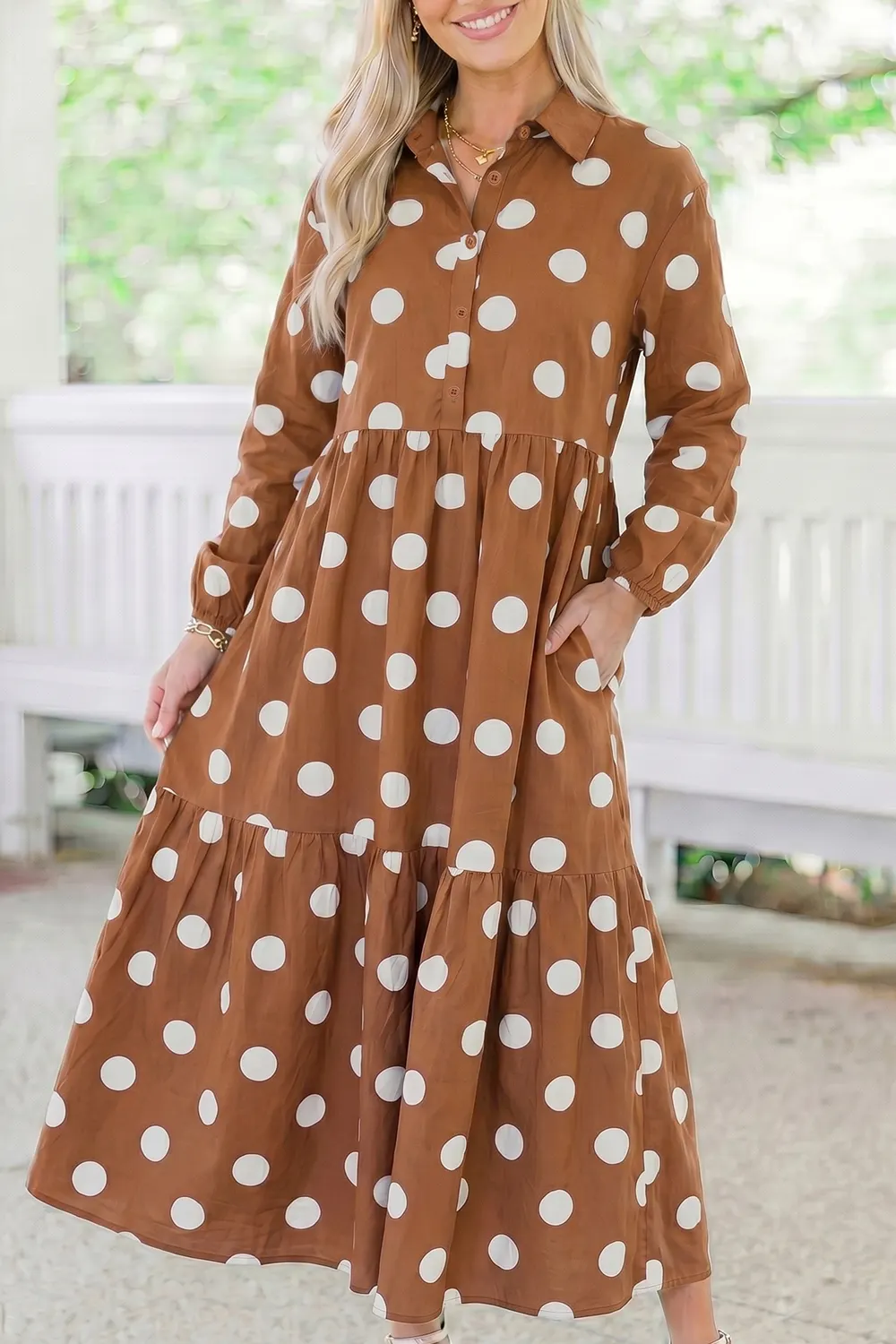 Polka Dot Button Front Long Sleeve Shift Dress 2
