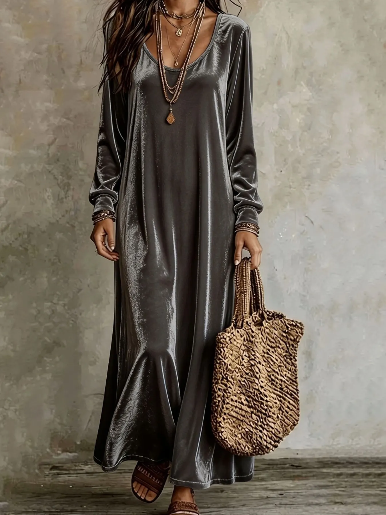 Velvet Maxi Dress with Flowy Hem 4
