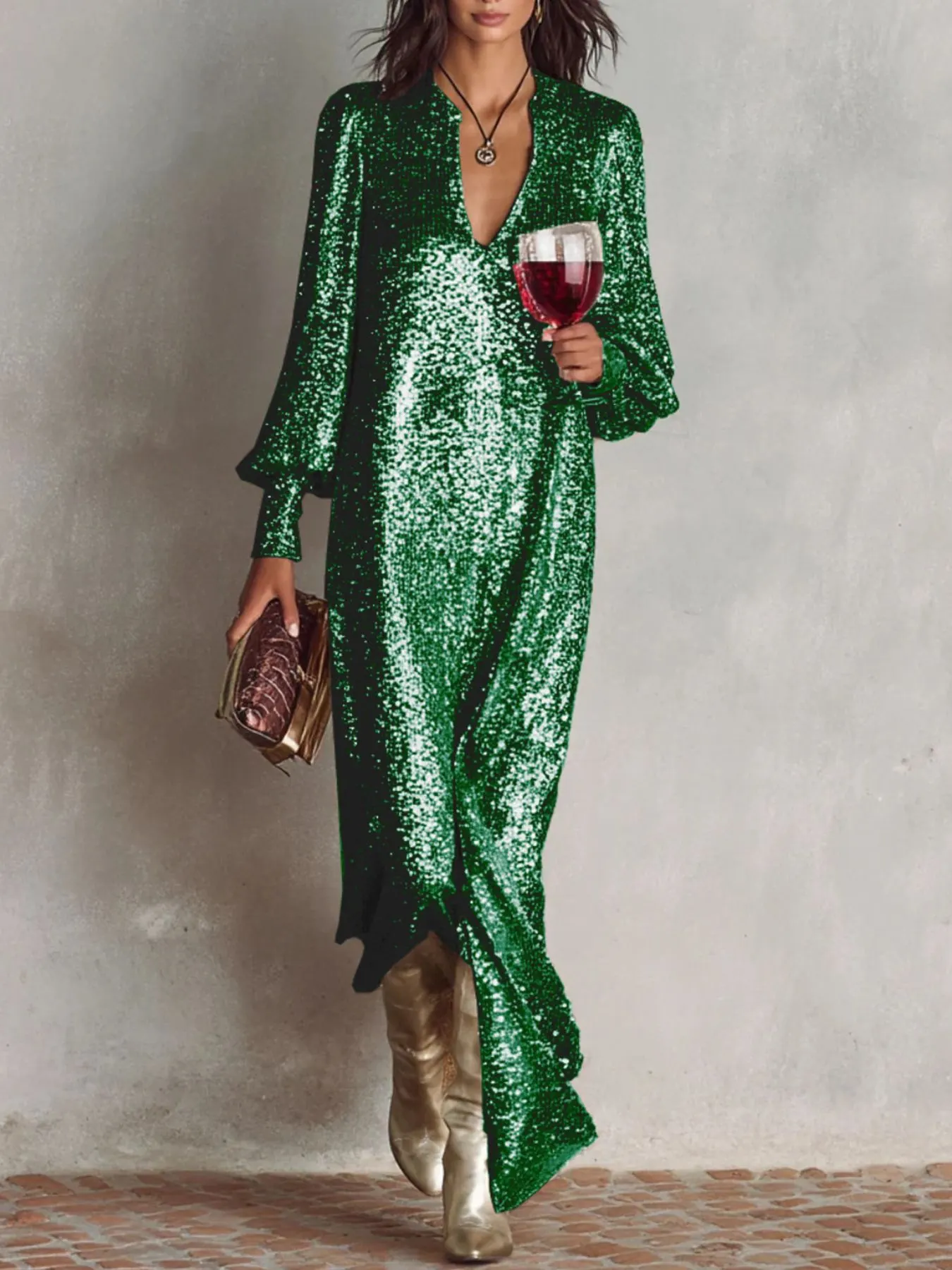 Sequin Notched Lantern Sleeve Maxi Dress 7