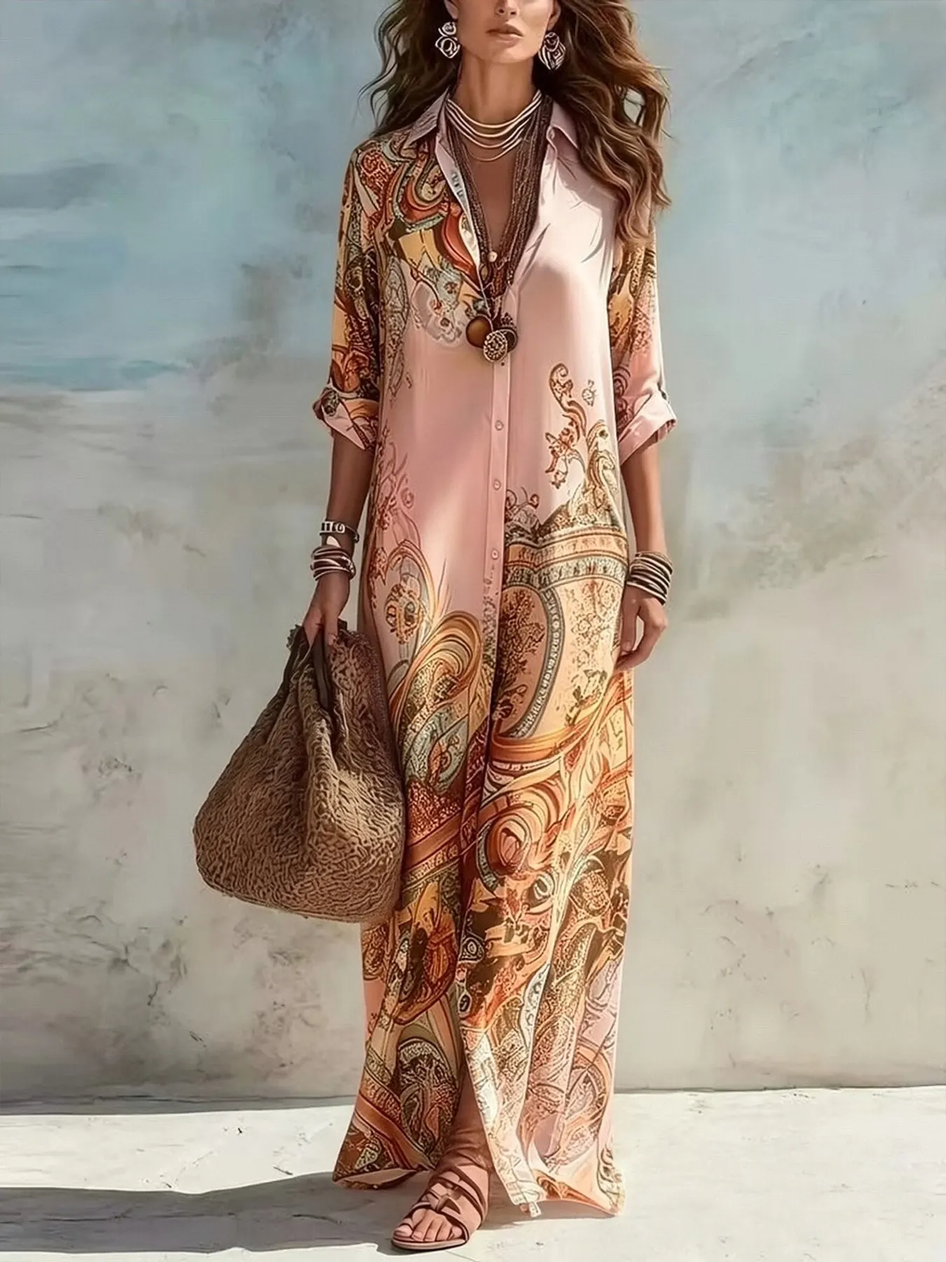 Full Size Printed Button Down Roll-Up Sleeve Shirt Maxi Dress Plus Size 6