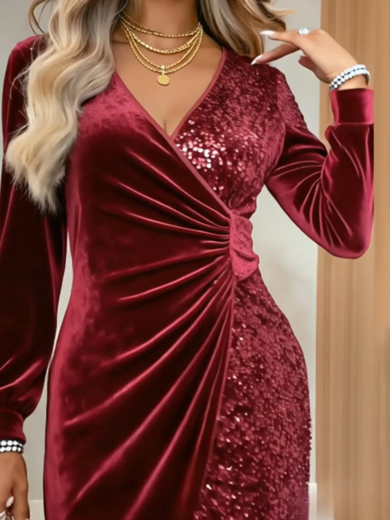 Velvet Sequin Long Sleeve Wrap Dress 10
