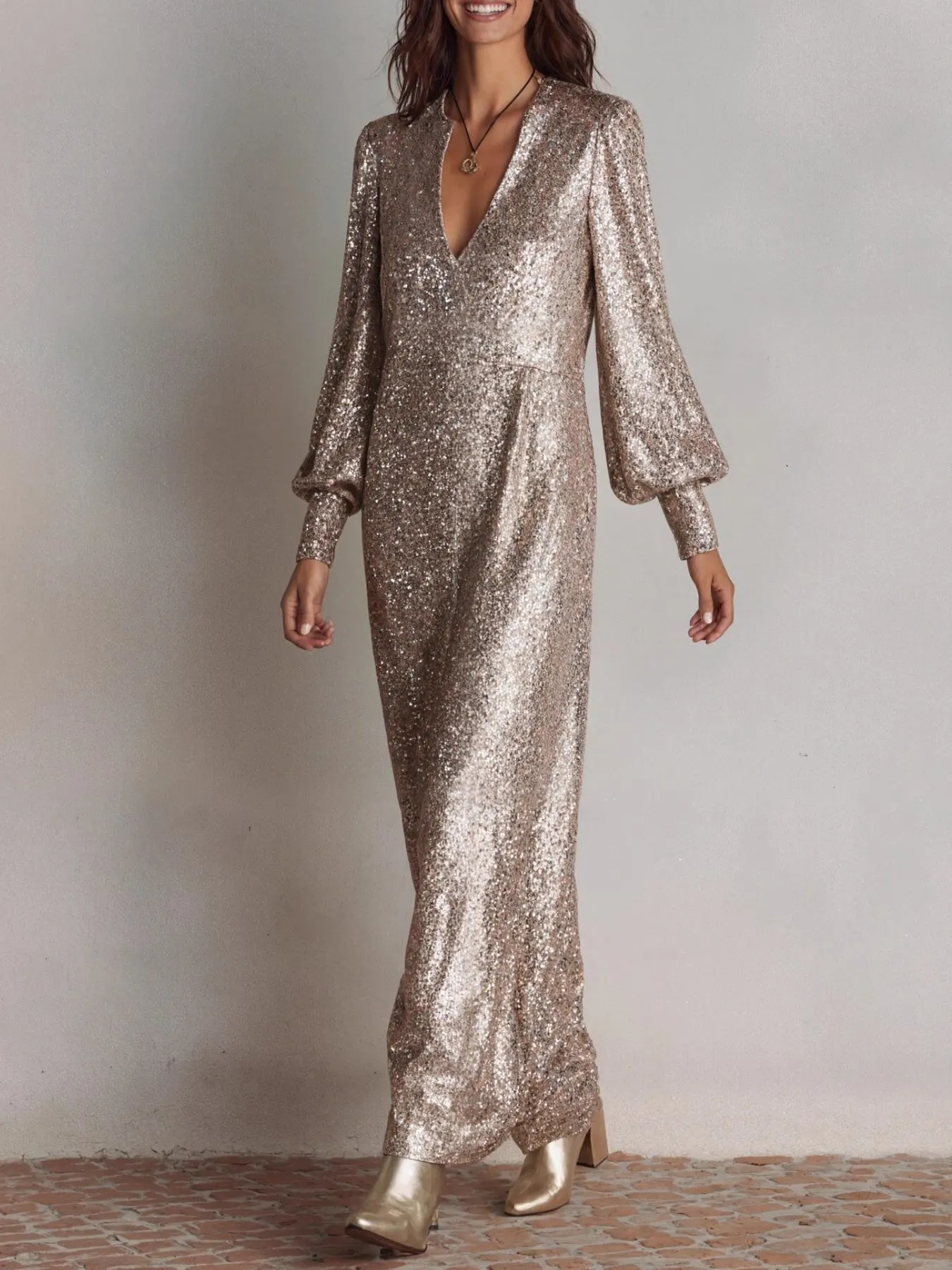 Sequin Notched Lantern Sleeve Maxi Dress 3