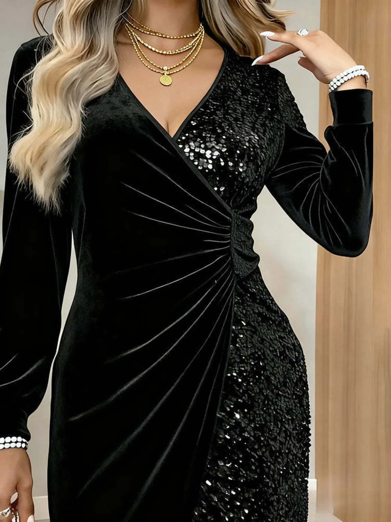 Velvet Sequin Long Sleeve Wrap Dress 3