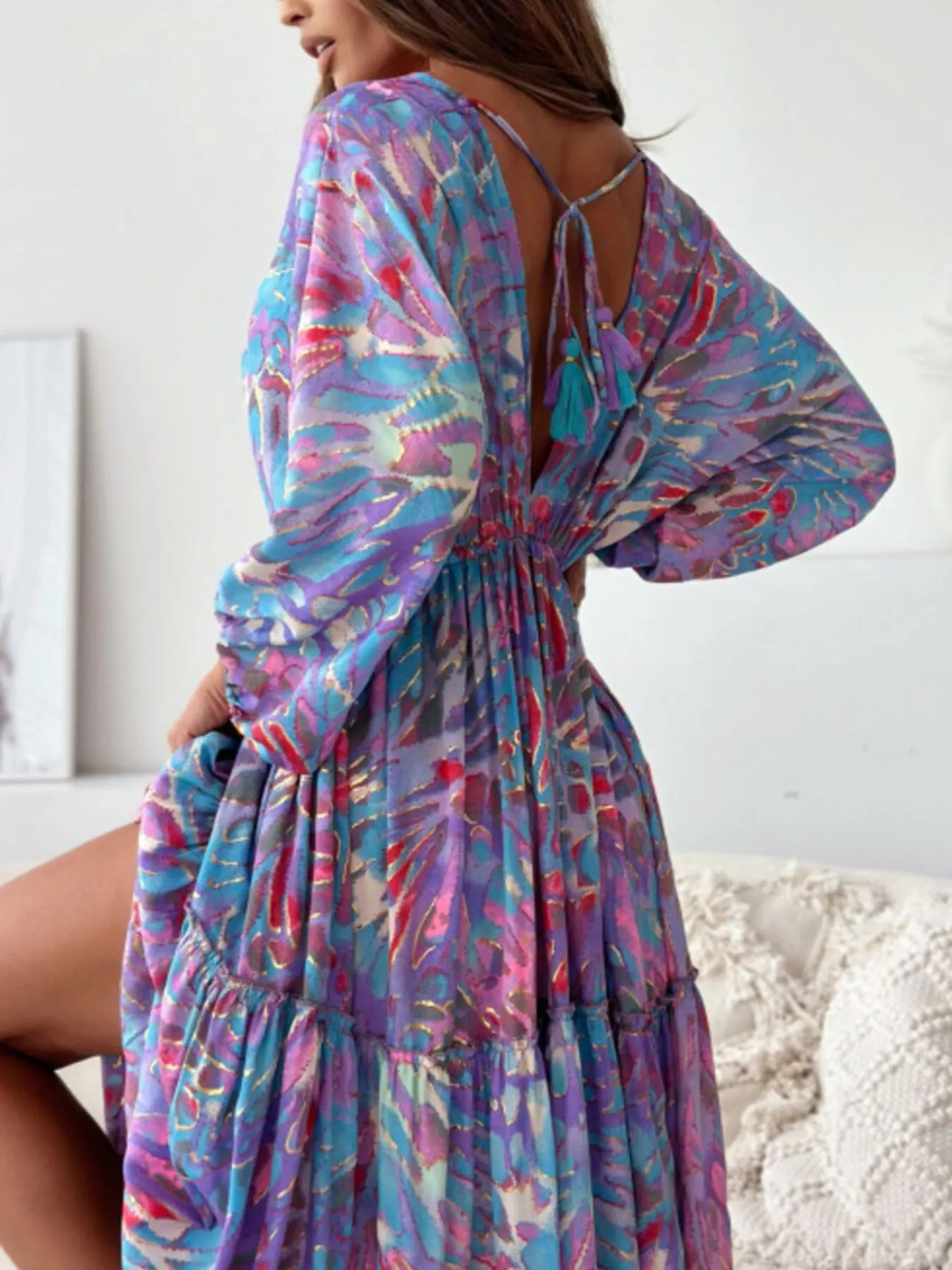 Printed V-Neck Balloon Sleeve Slit Maxi Dress 10
