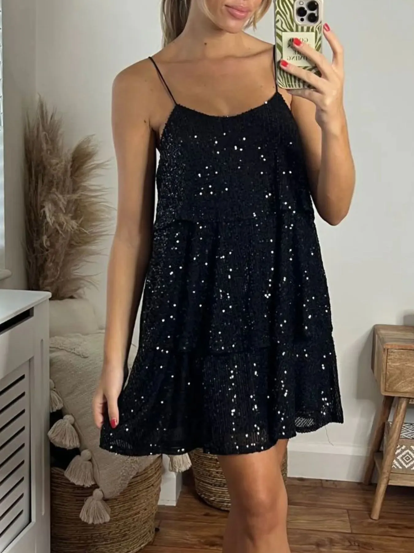 Full Size Sequin Tie Shoulder Mini Dress Plus Size 13