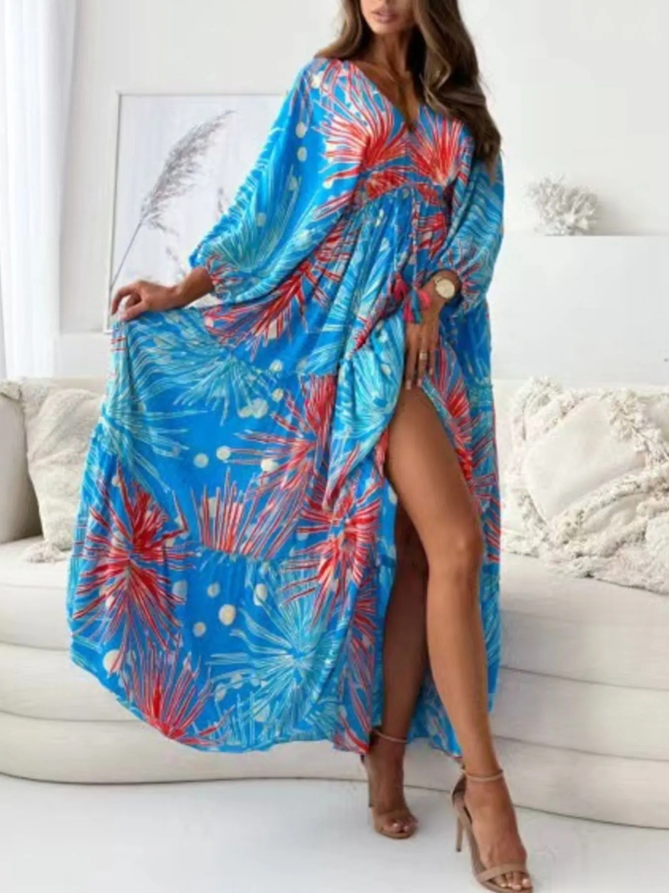 Printed V-Neck Balloon Sleeve Slit Maxi Dress 4