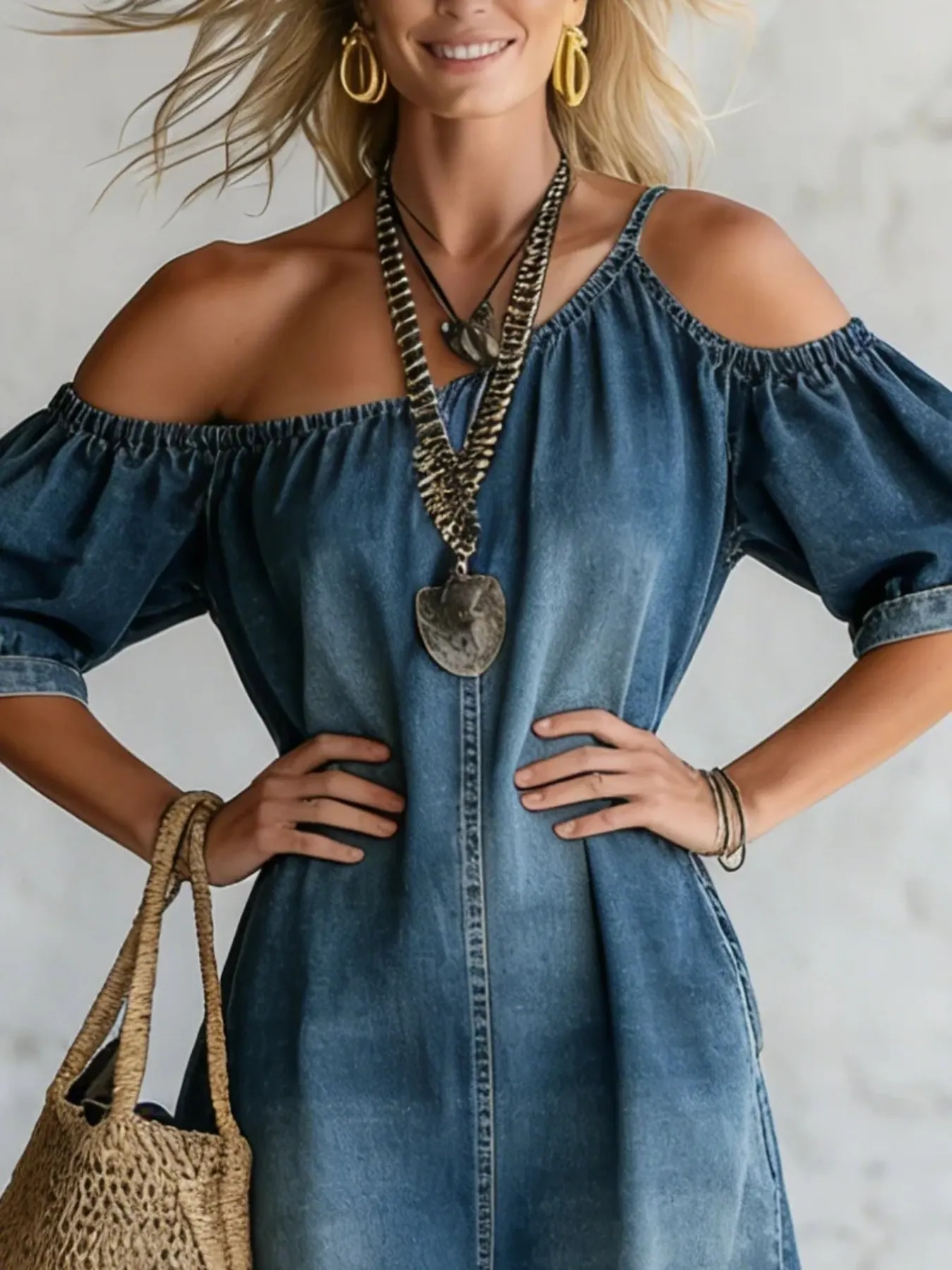 Asymmetrical Neck Denim Maxi Dress with Pockets 3