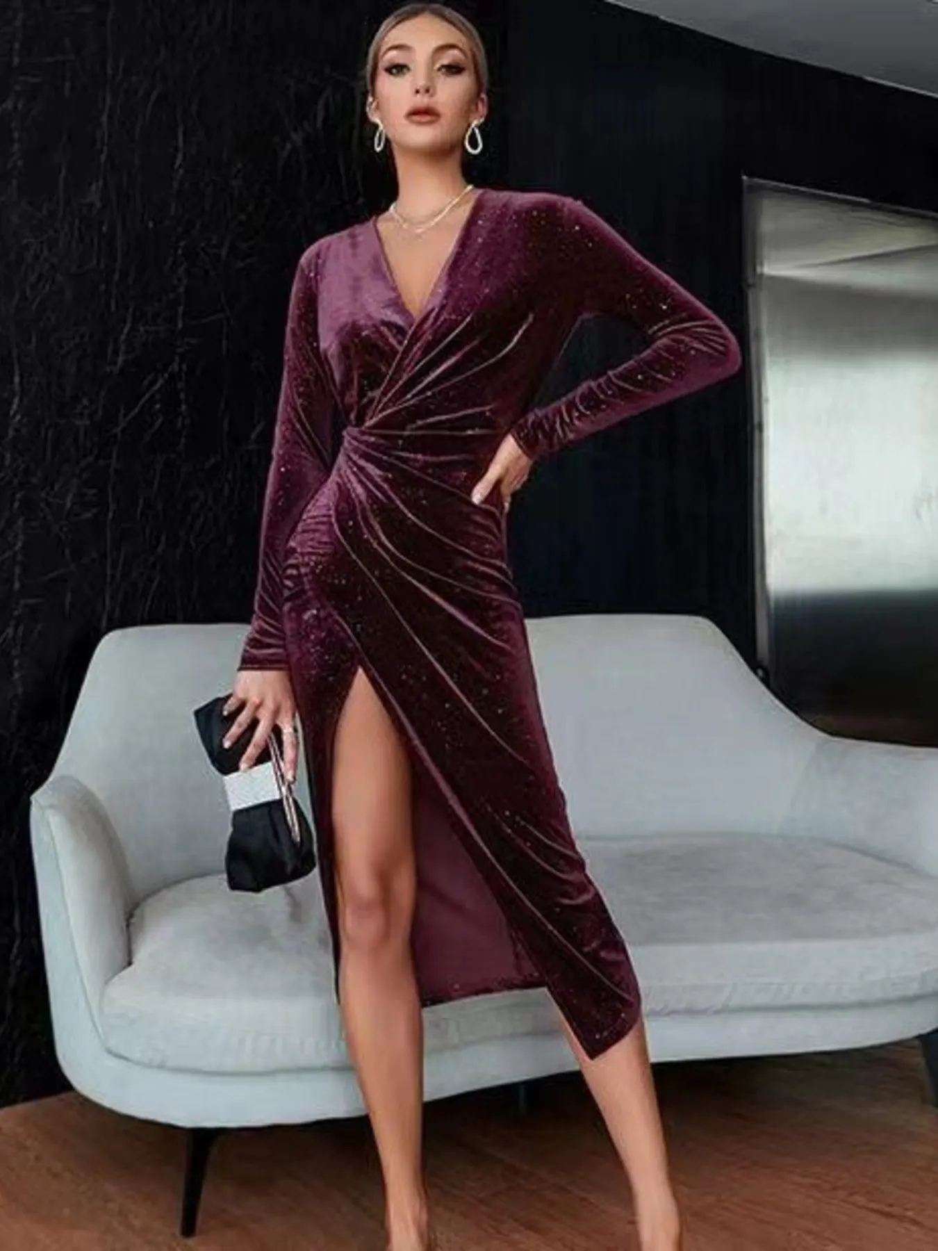 Velvet Ruched Slit Midi Dress 13