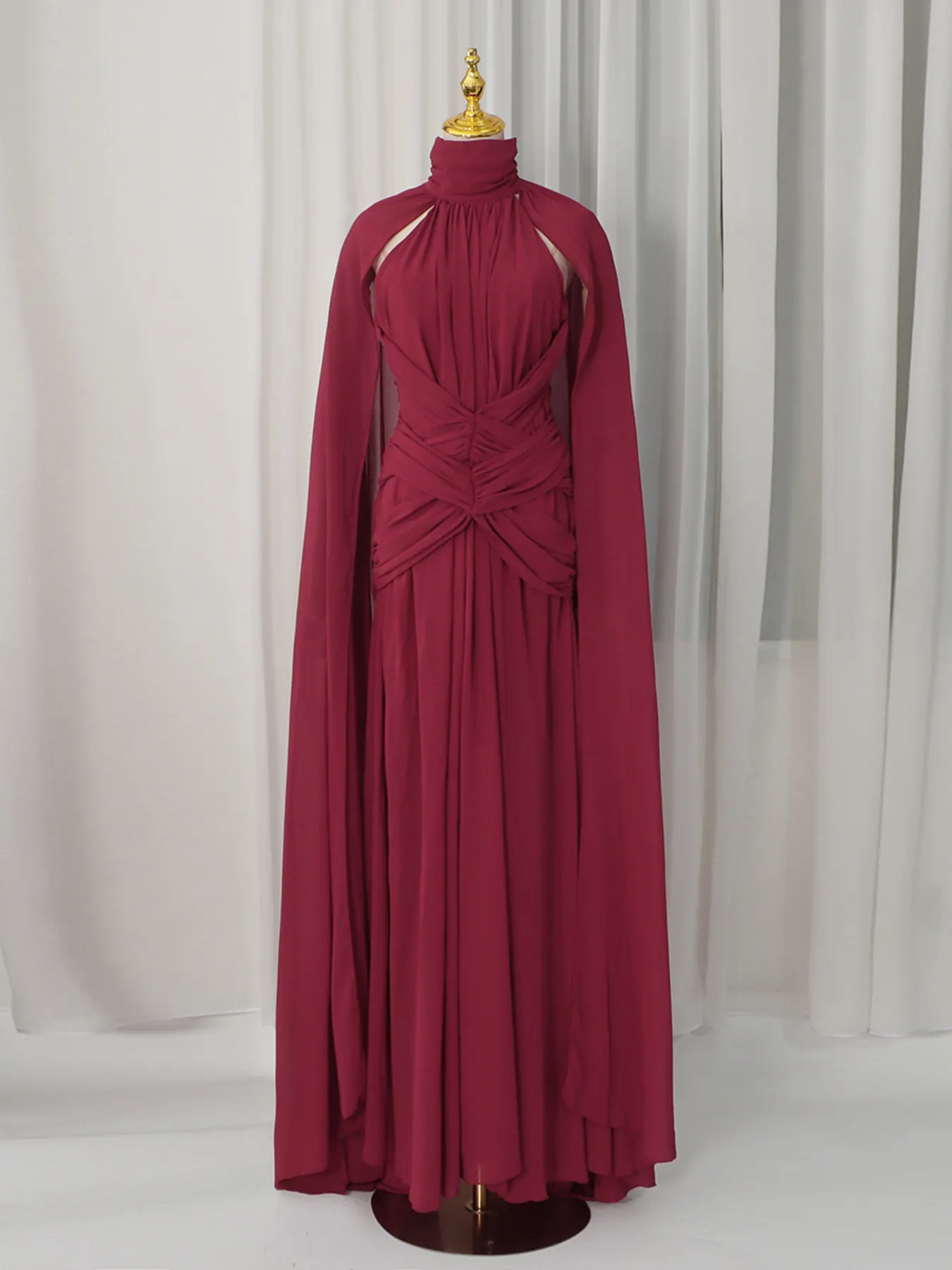 Ruched Halter Neck Cape Maxi Dress 3