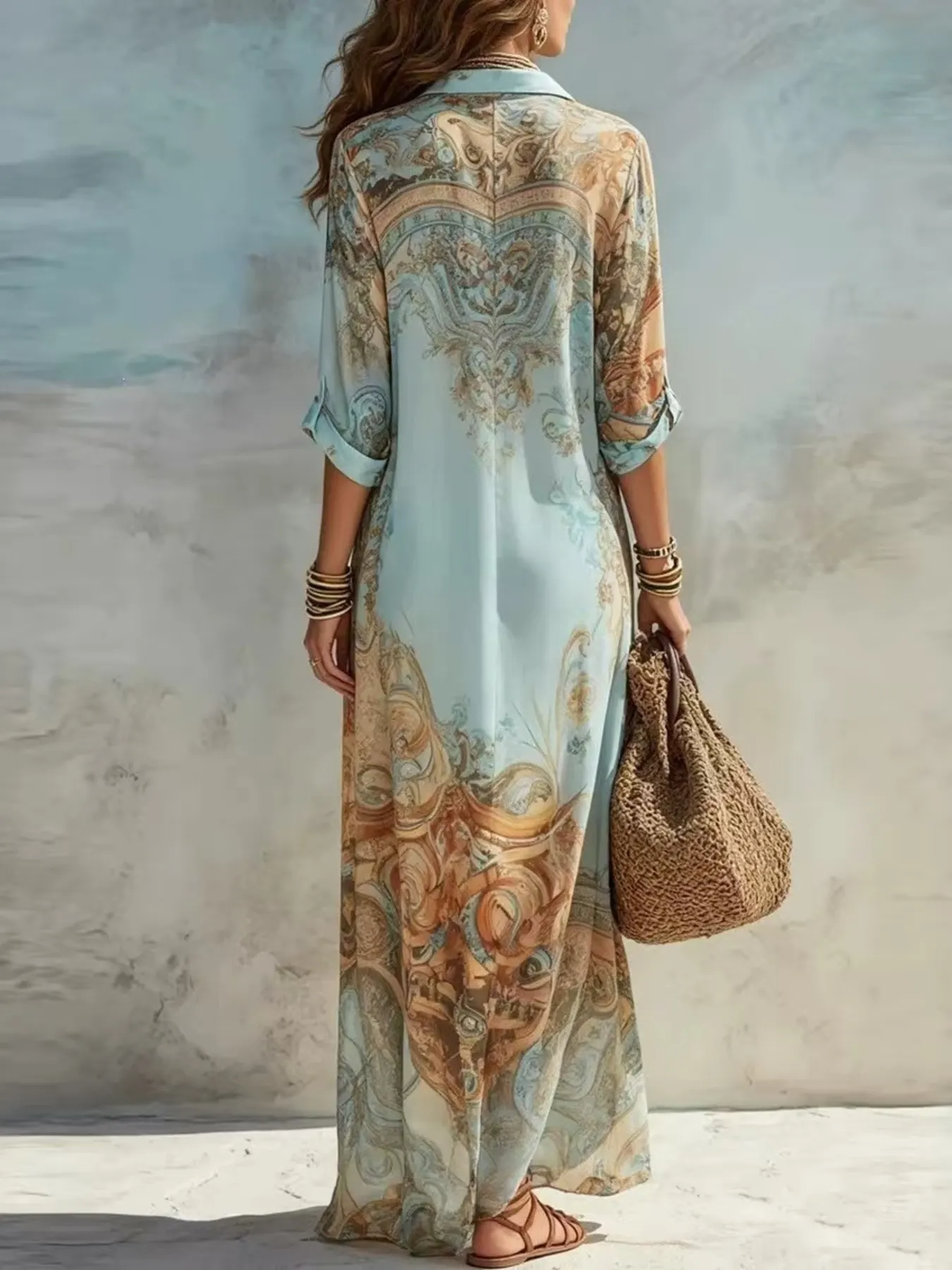 Full Size Printed Button Down Roll-Up Sleeve Shirt Maxi Dress Plus Size 3