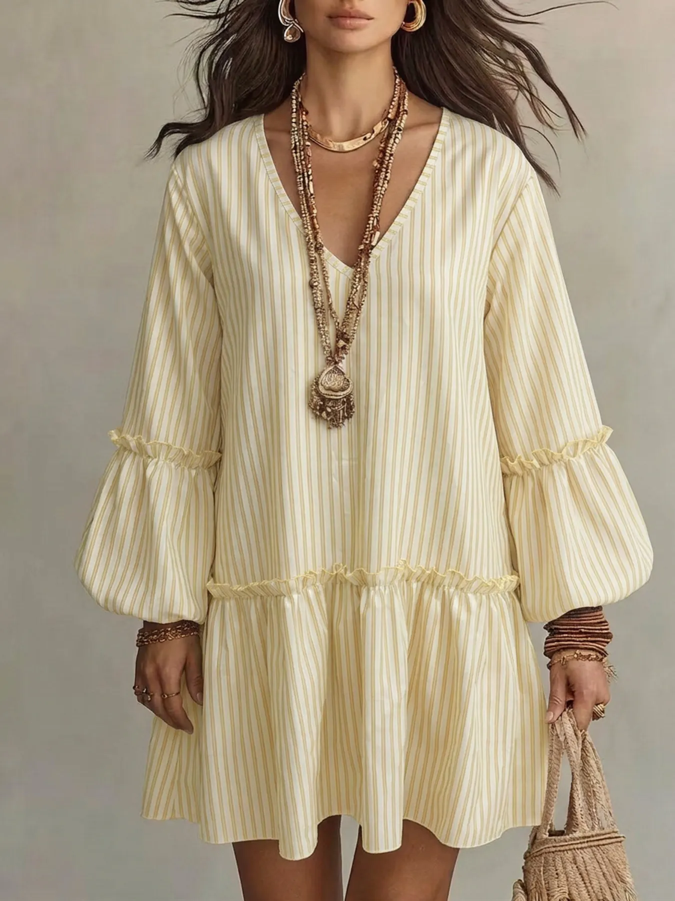 Full Size Striped Balloon Sleeve Mini Dress Plus Size 3