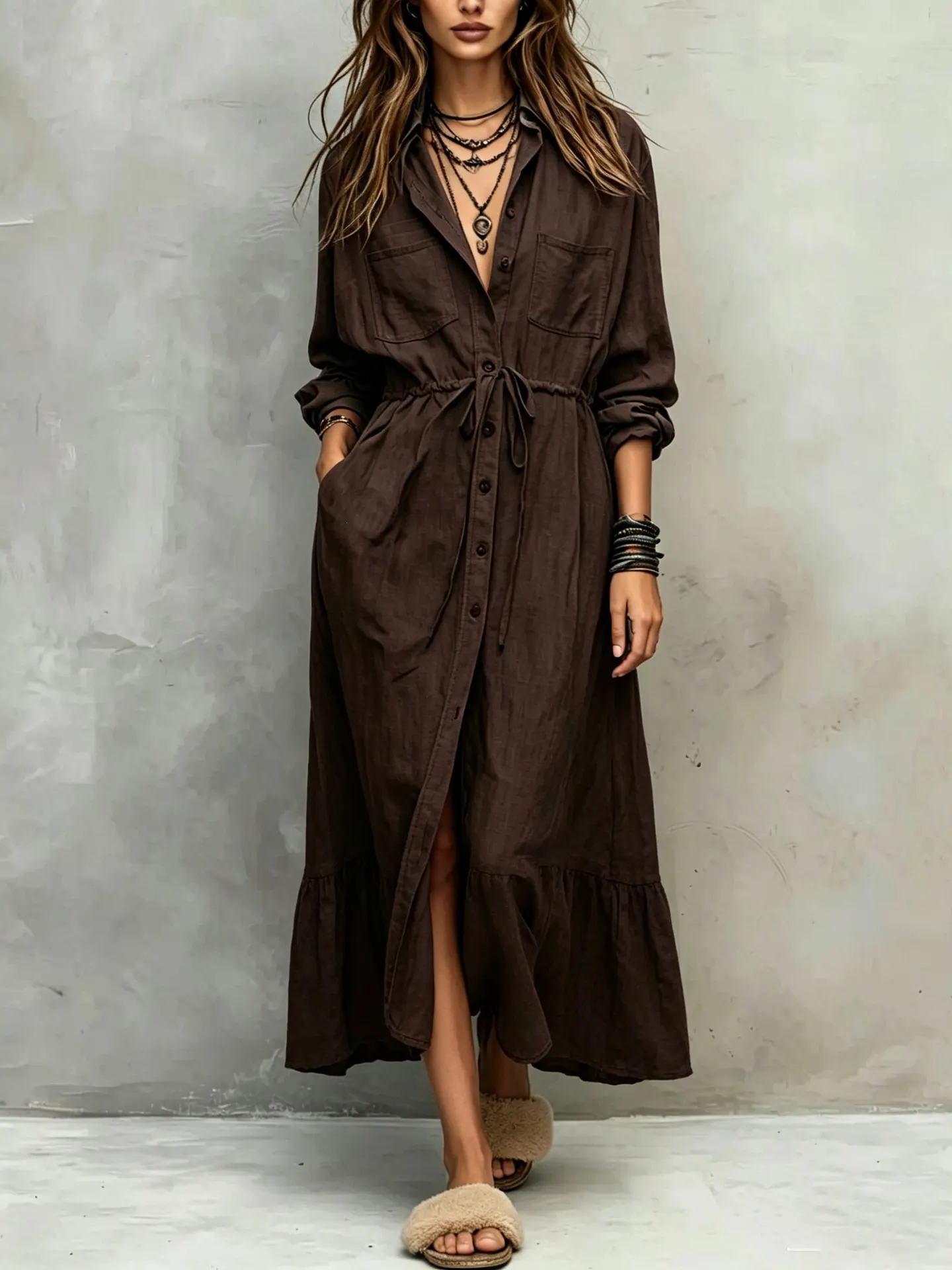 Full Size Button Front Long Sleeve Shirt Dress Plus Size 9