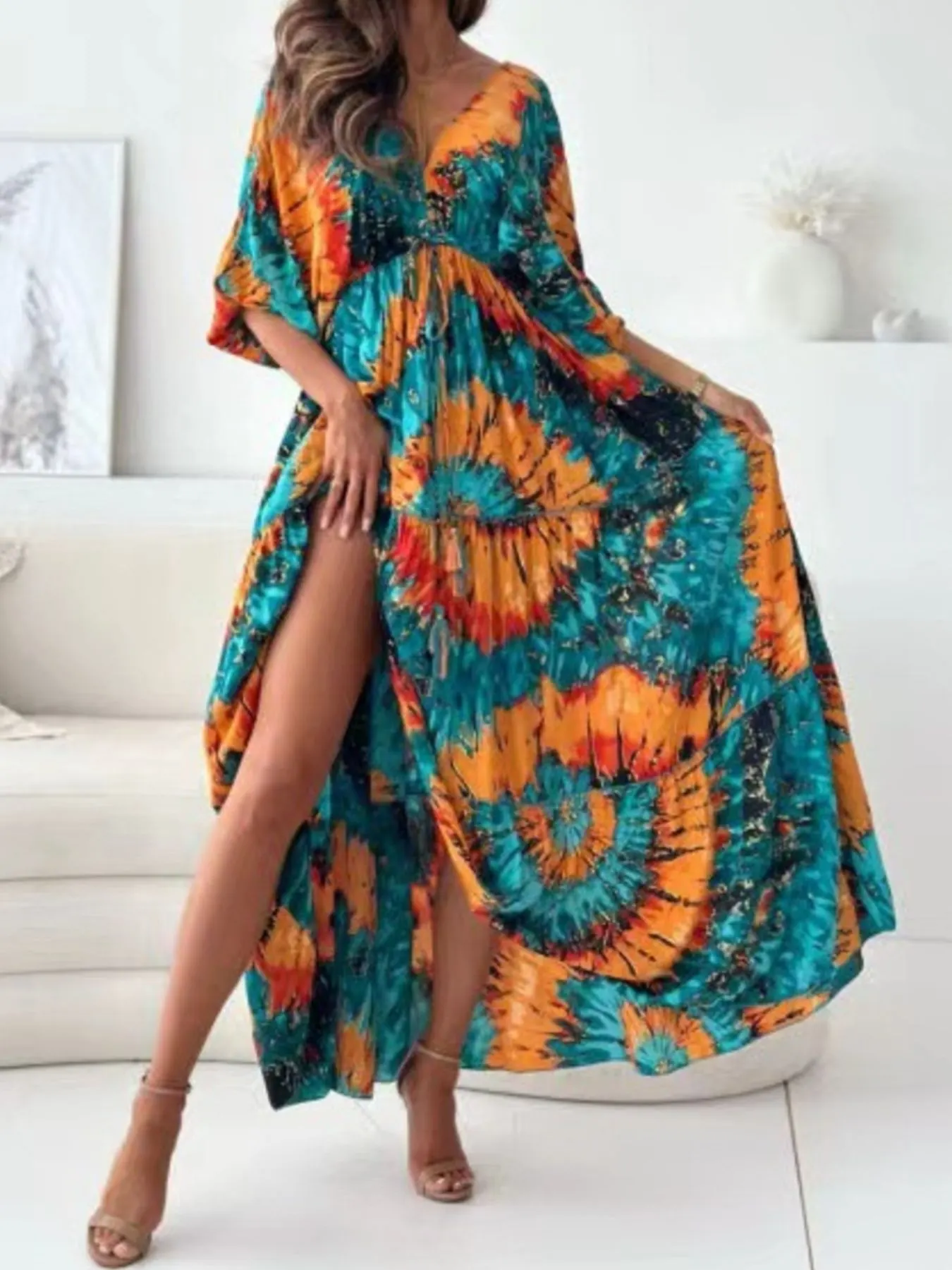 Printed V-Neck Balloon Sleeve Slit Maxi Dress 11