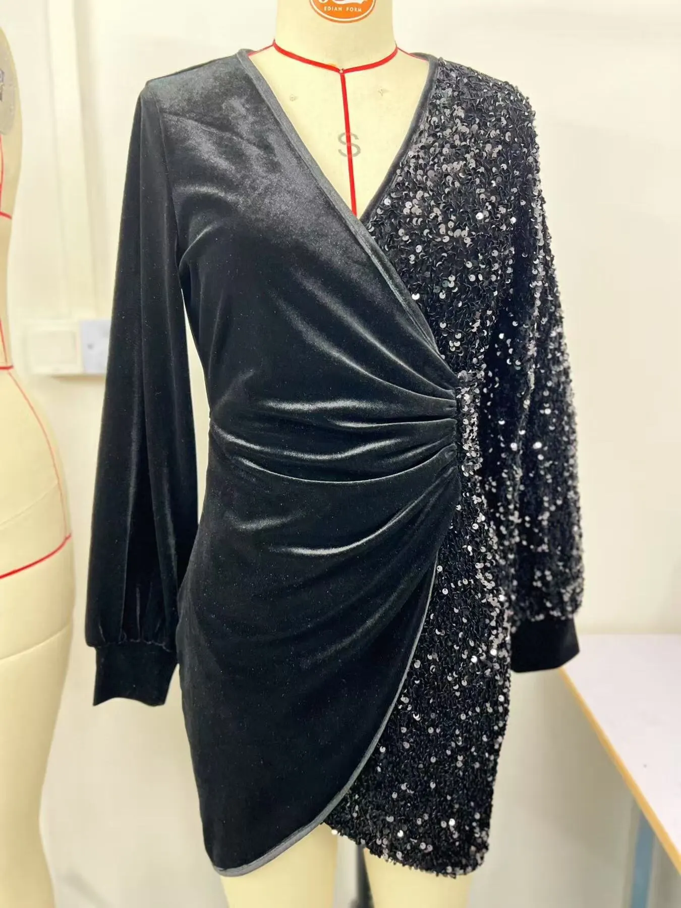 Velvet Sequin Long Sleeve Wrap Dress 4