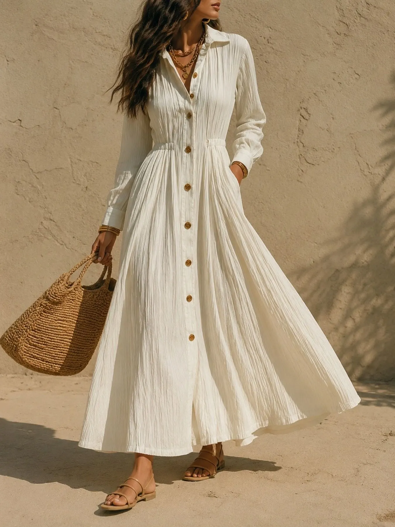 Full Size Textured Button Front Long Sleeve Maxi Dress Plus Size 10
