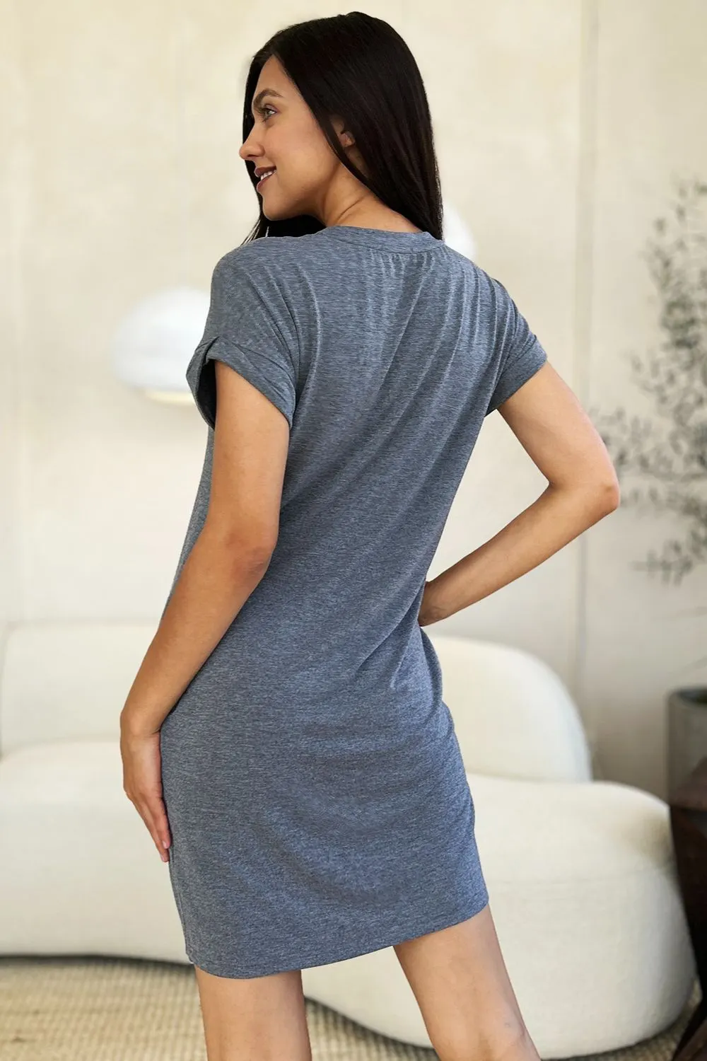Basic Bae Full Size Solid Round Neck Short Sleeve Casual Loose Mini T-Shirt Dress with Side Pockets 11