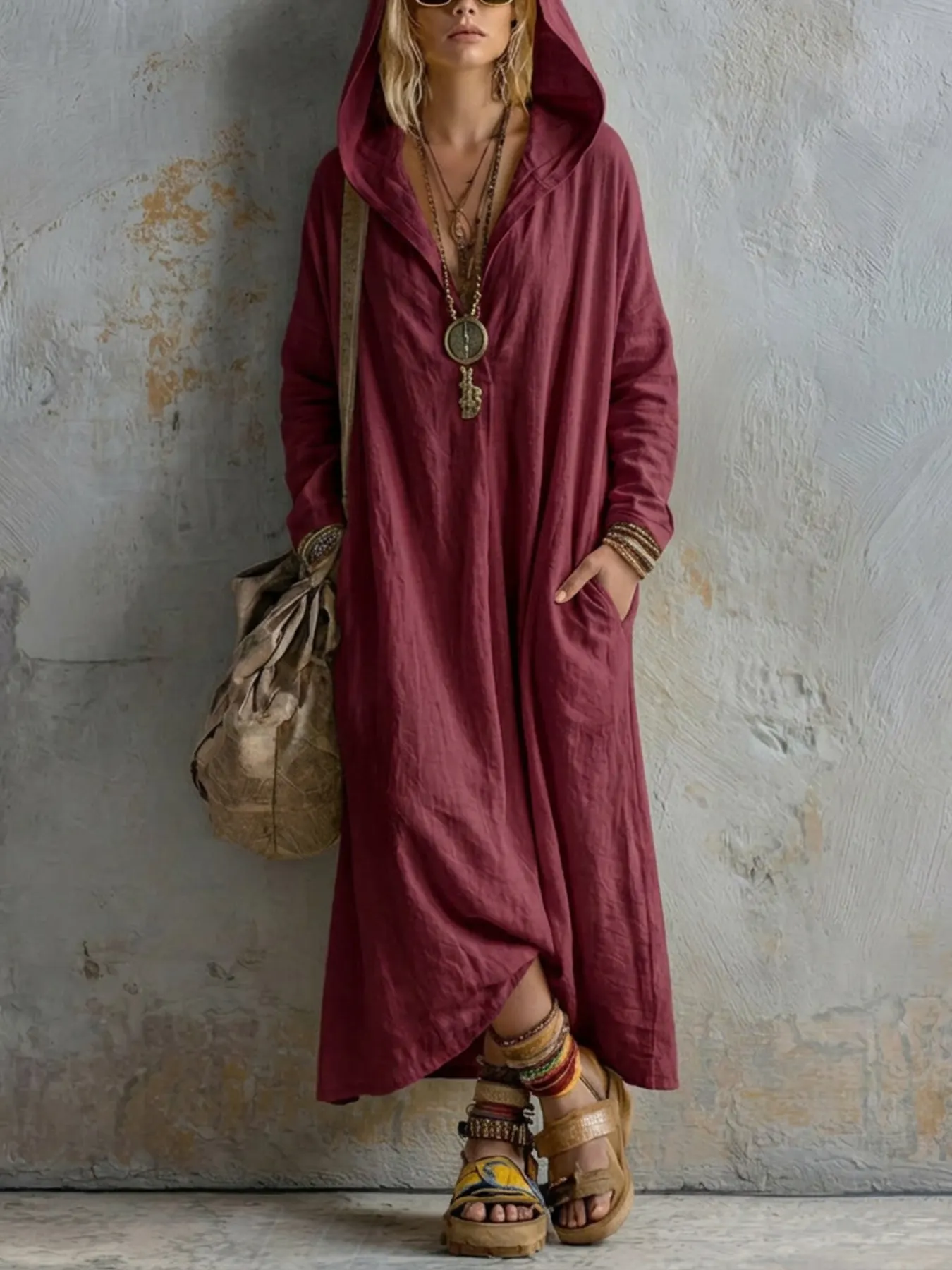 Long Sleeve Hooded Midi Dress with Pockets 5