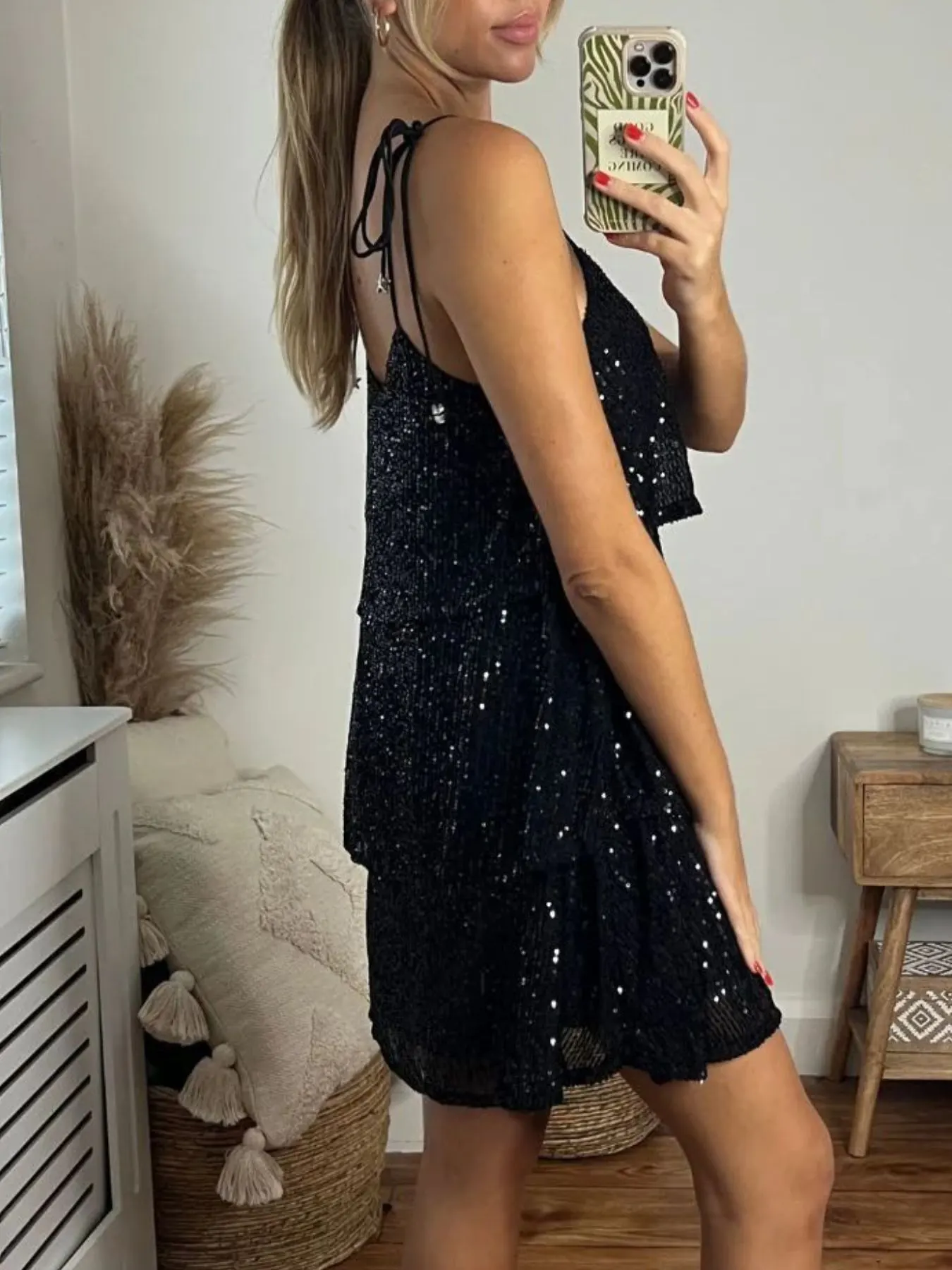 Full Size Sequin Tie Shoulder Mini Dress Plus Size 15