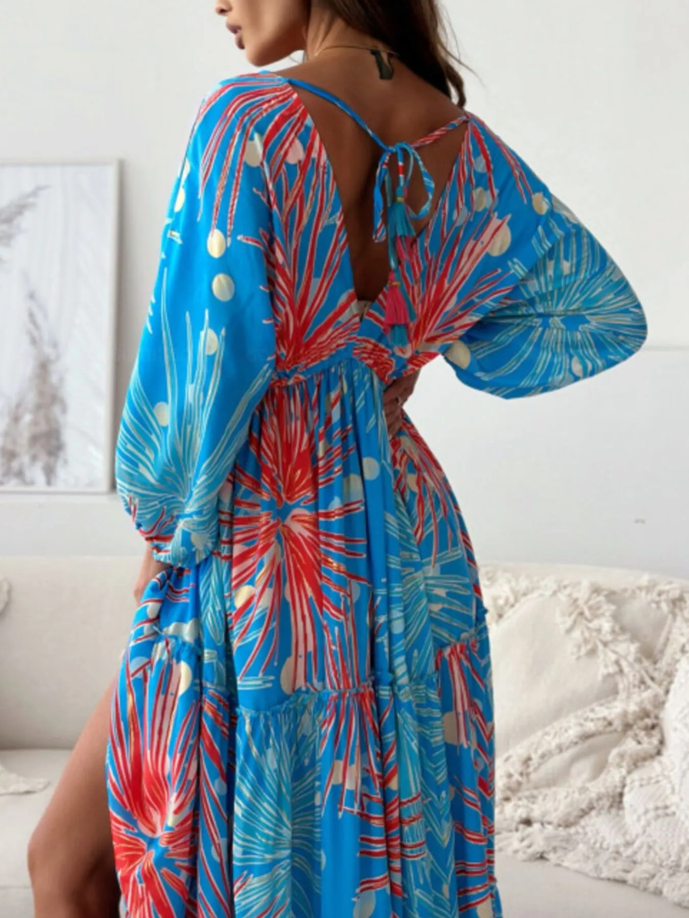 Printed V-Neck Balloon Sleeve Slit Maxi Dress 6